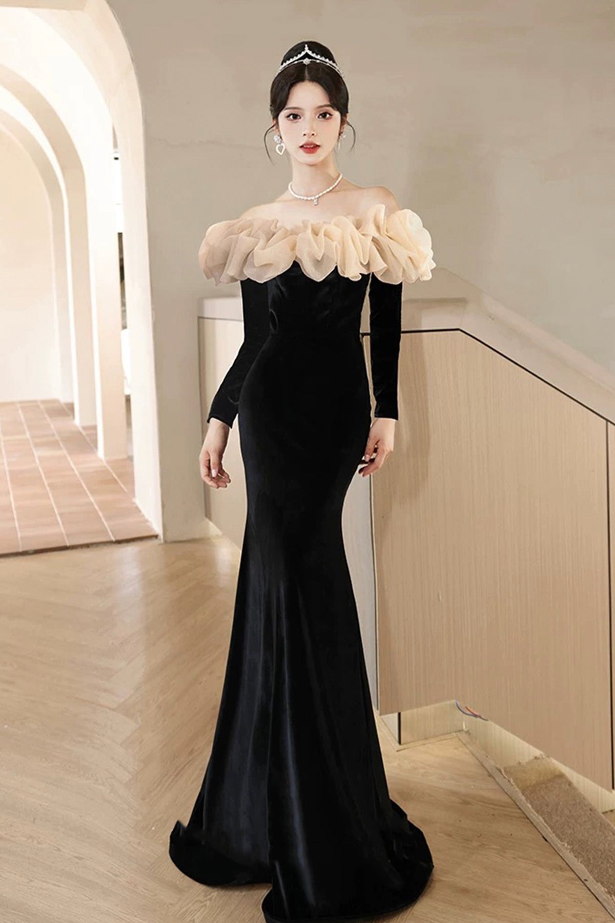 Black Velvet Long Sleeve Prom Dress, Mermaid Off the Shoulder Party Dress