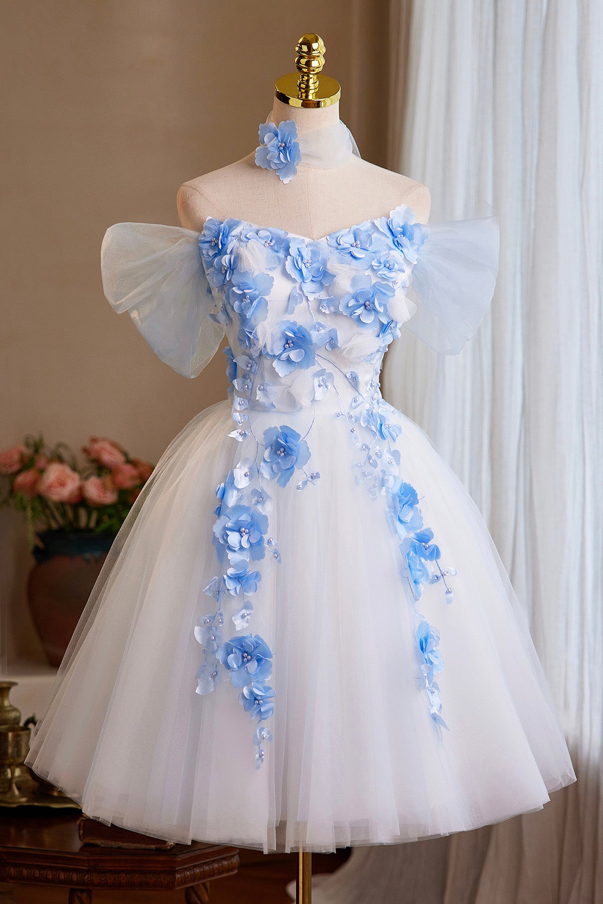 White Tulle and Blue Flowers Short Prom Dress, Cute A-Line Homecoming