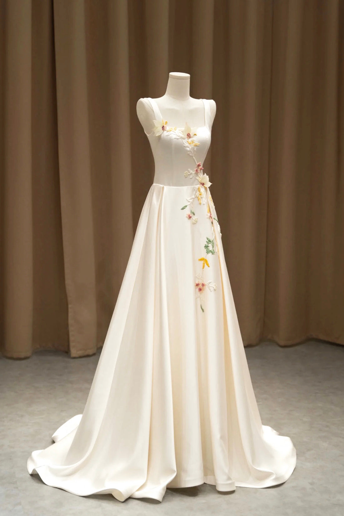 Light Champagne Satin Long Formal Dress with 3D Flowers, Elegant A-Lin Light Champagne Satin Long Formal Dress with 3D Flowers, Elegant A-Lin