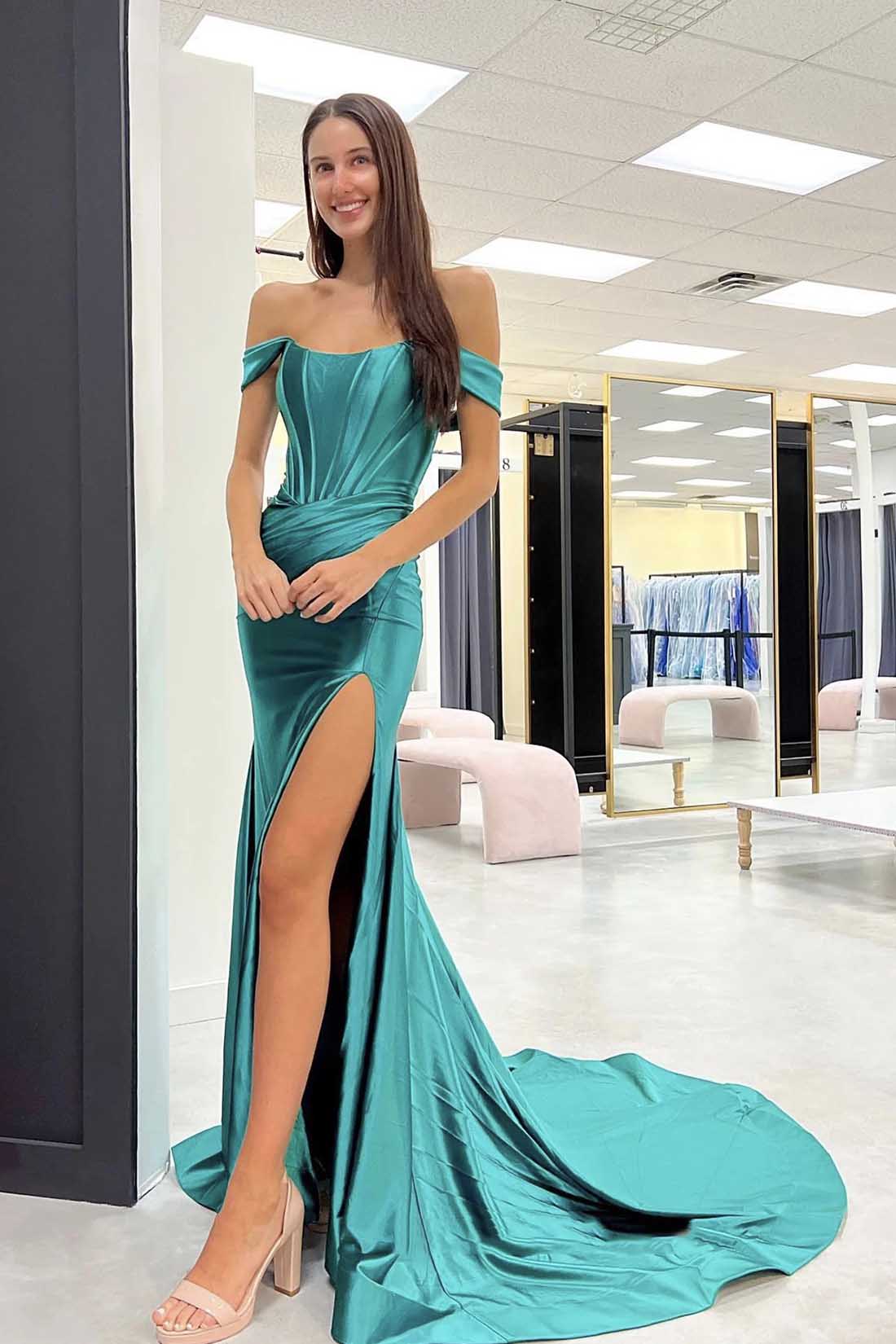 Mermaid Off-the-Shoulder Long Prom Dress, Green Satin Corset High Slit Evening Dress