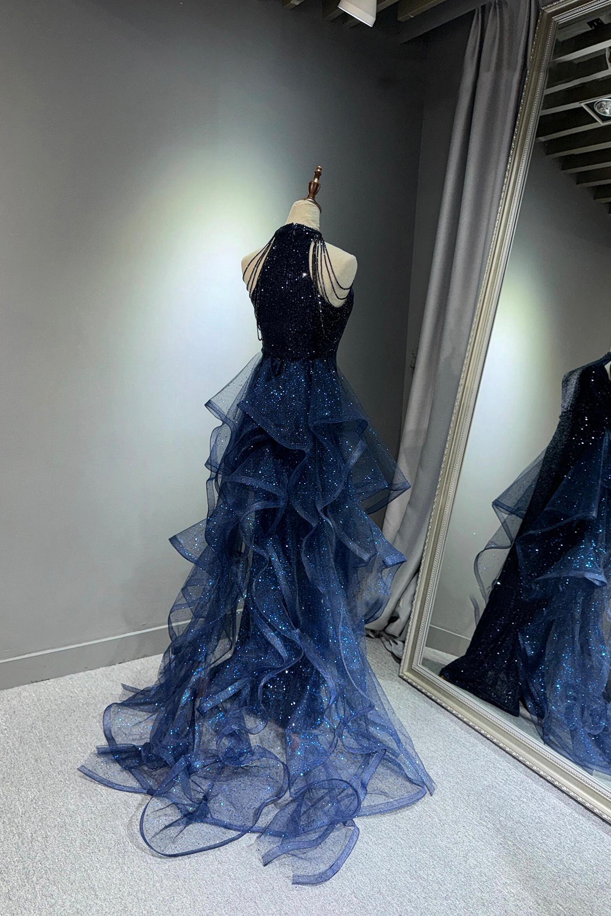 Navy Shiny Tulle Long Party Dress with Beaded, Navy Evening Party Dress