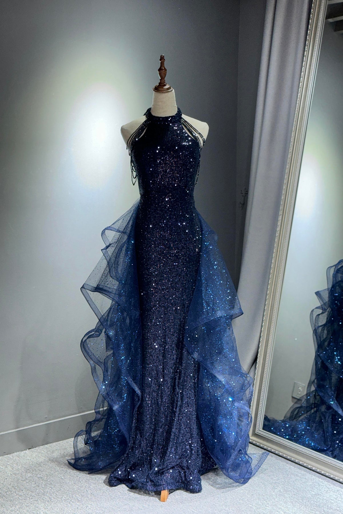 Navy Shiny Tulle Long Party Dress with Beaded, Navy Evening Party Dres Navy Shiny Tulle Long Party Dress with Beaded, Navy Evening Party Dres