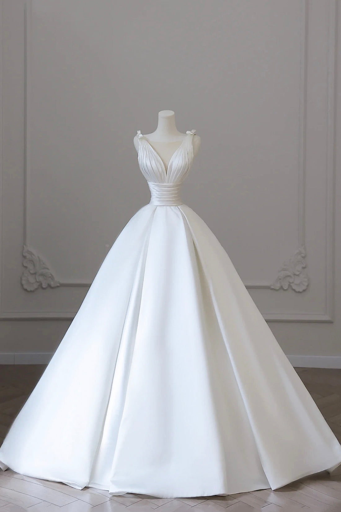 A-Line V-Neck Satin Wedding Dress, White Satin Bridal Gown with Bow A-Line V-Neck Satin Wedding Dress, White Satin Bridal Gown with Bow