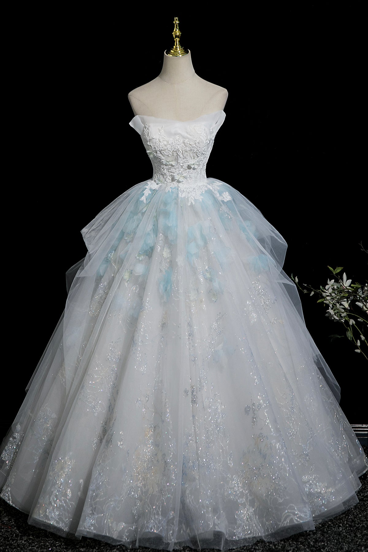 Beautiful Blue Glitter Lace Flower Prom Dress, A-Line Strapless Evening Party Dress