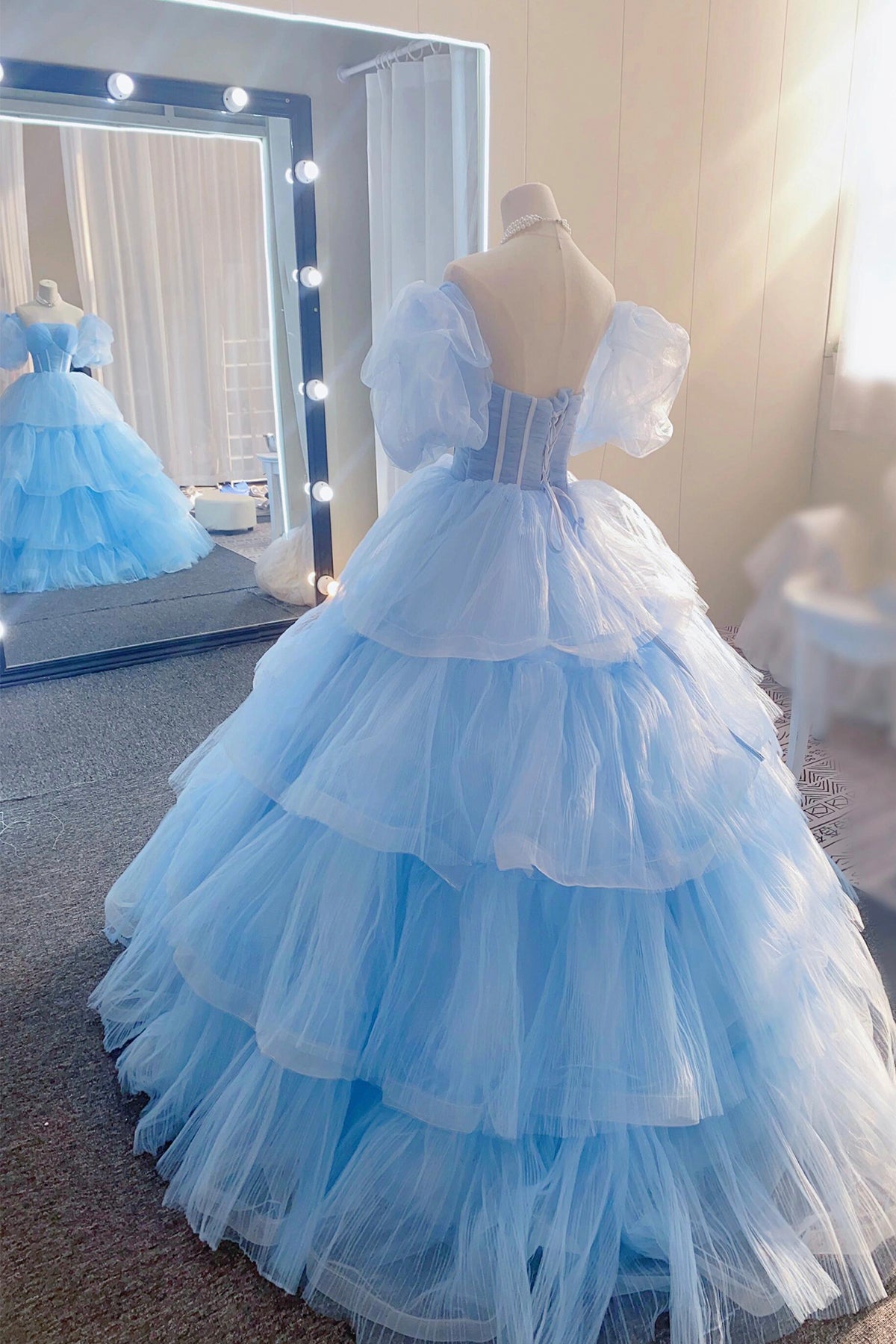 Sky Blue Tulle Sweetheart Long Prom Dress, Beautiful Short Sleeve Formal Dress Sweet 16 Dress