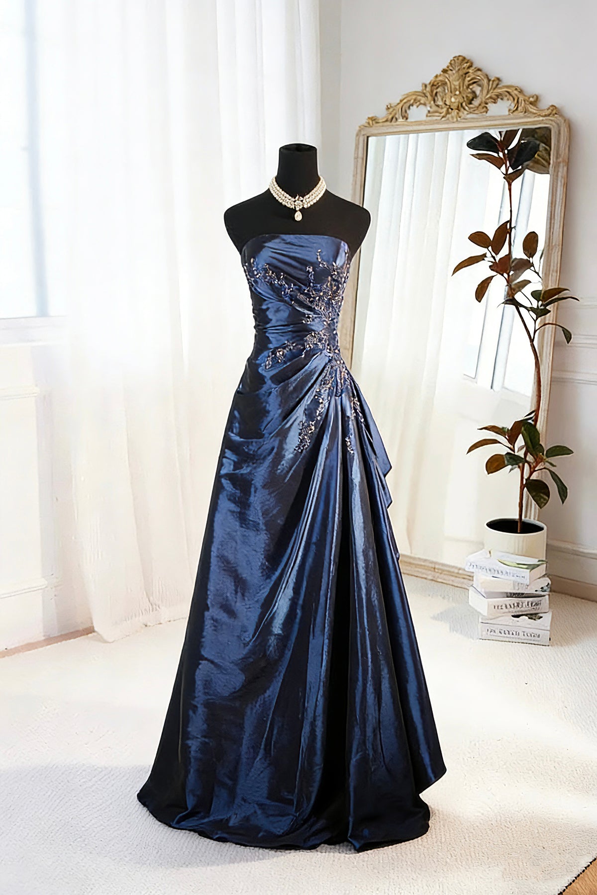 Luxury Royal Blue Satin Ball Gown Strapless Embellished Evening Formal Dress