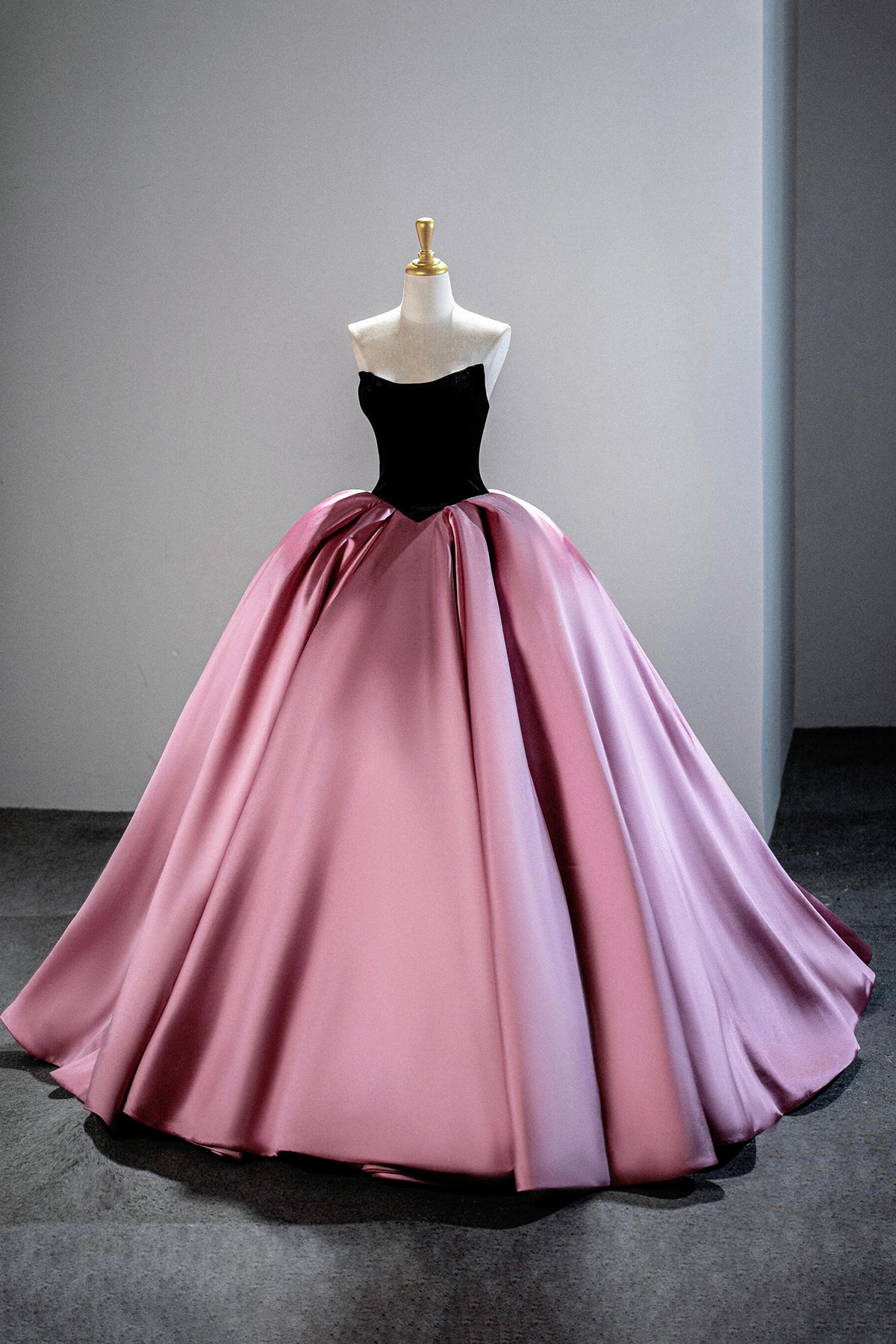 Black Velvet and Pink Satin Long Prom Gown, A-Line Strapless Evening Party Gown