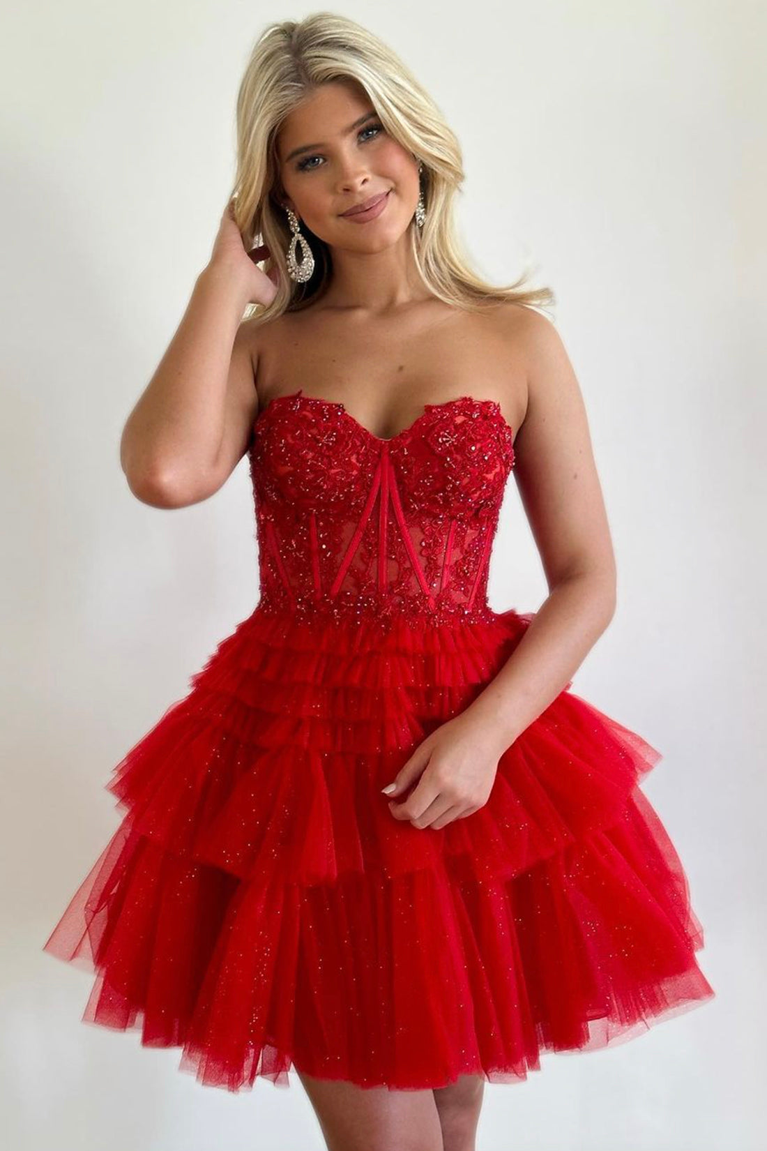 Cute Sweetheart Neck Beaded Red Lace Prom Dresses, Red Strapless Homecoming Dresses