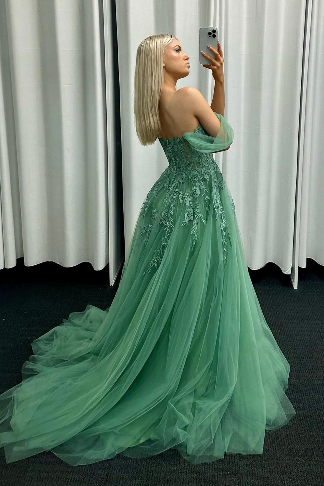 A-Line Tulle Lace Long Prom Dress, Green Off the Shoulder Evening Party Dress