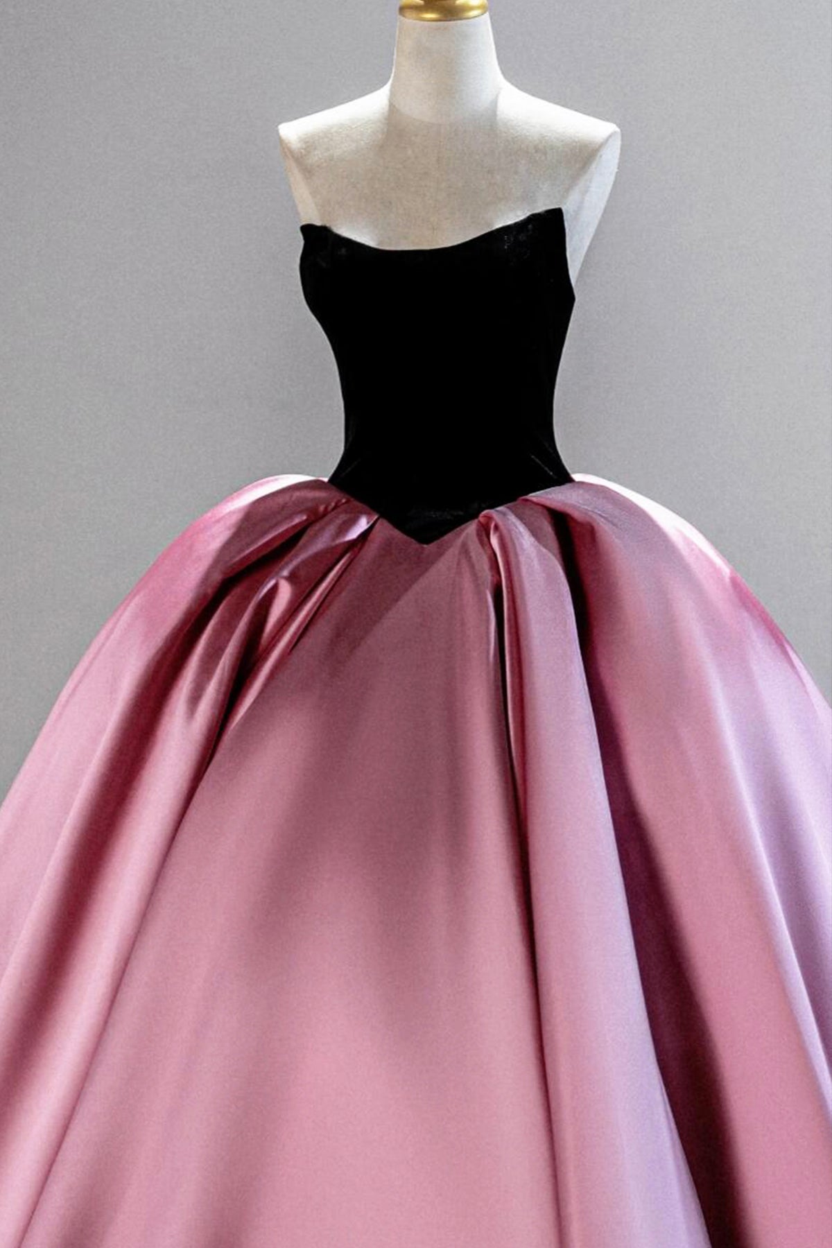 Black Velvet and Pink Satin Long Prom Gown, A-Line Strapless Evening Party Gown