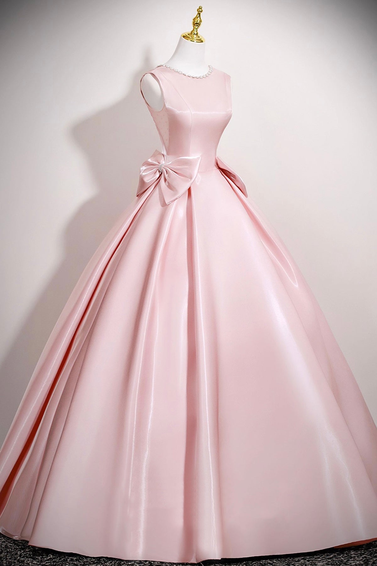 Pink Satin Long Prom Dress with Bow, Pink A-Line Evening Party Dress