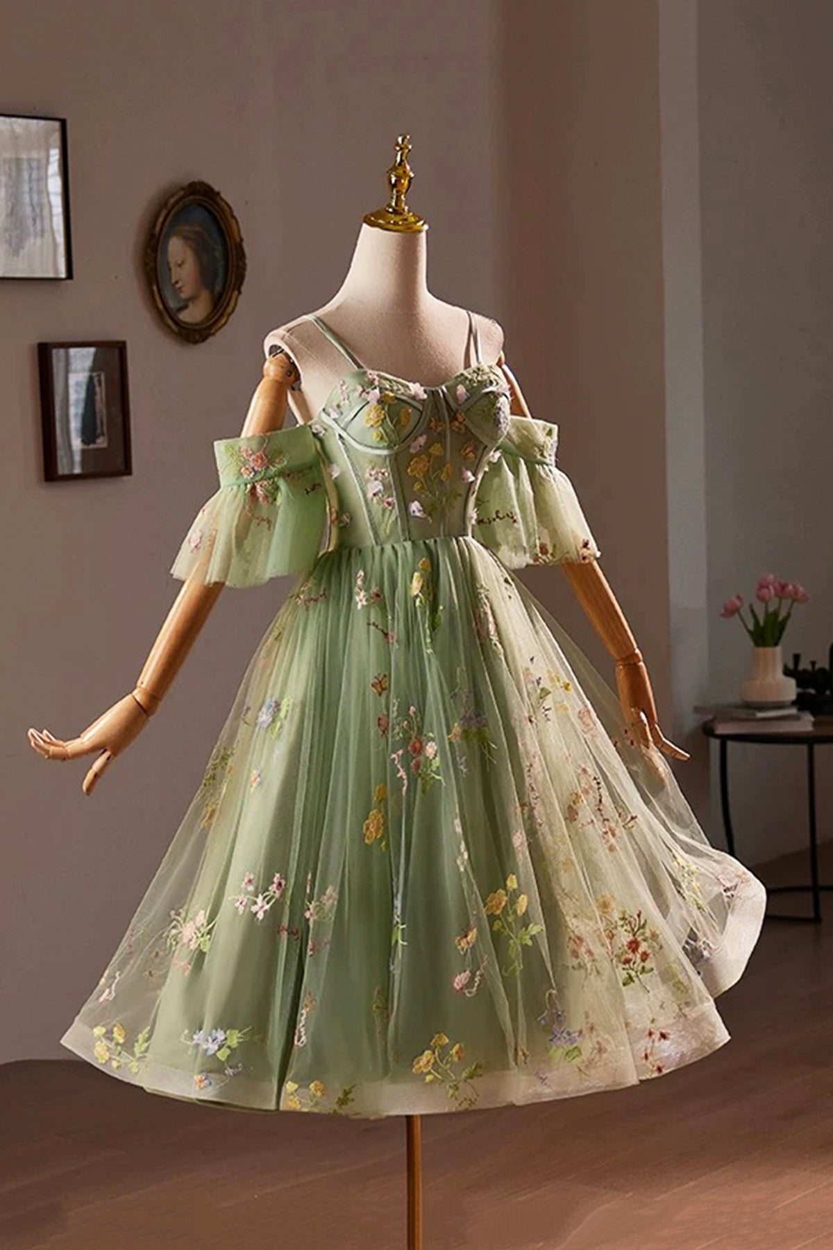 Green Tulle Lace Short Prom Dress, Cute Off the Shoulder Homecoming Party Dress