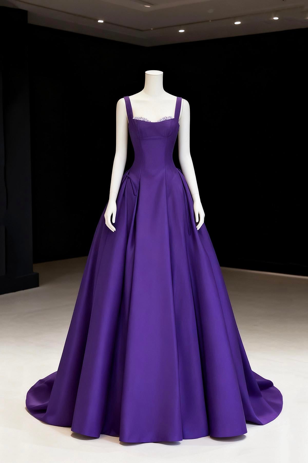 Stunning A Line Open Back Spaghetti Straps Purple Satin Long Prom Dresses, Purple Formal Graduation Evening Dresses