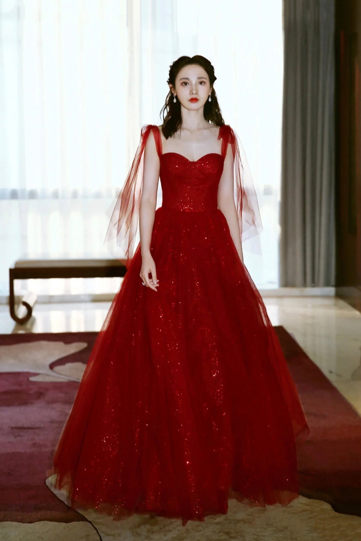 Dark Red Tulle Sequins Long Prom Dress, Beautiful A-Line Party Dress with Corset