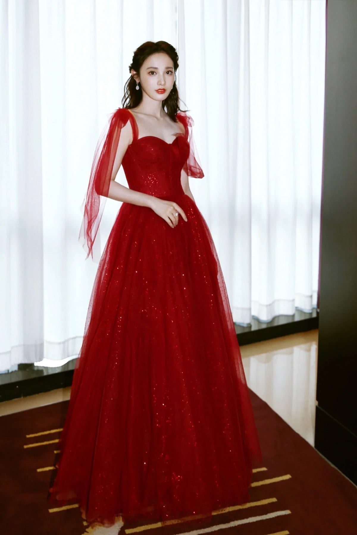 Dark Red Tulle Sequins Long Prom Dress, Beautiful A-Line Party Dress with Corset