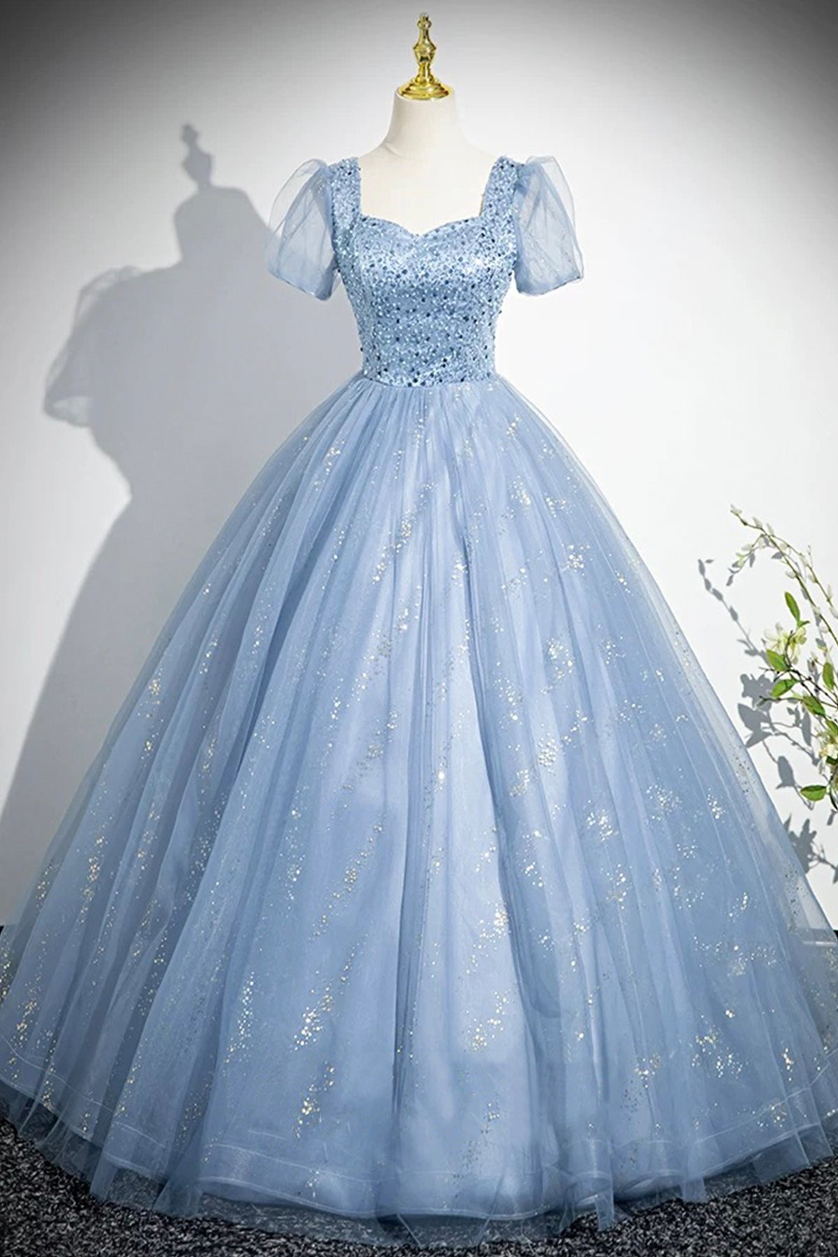 Light Blue Tulle Sequins Long Prom Dress, Blue Short Sleeve Evening Dress
