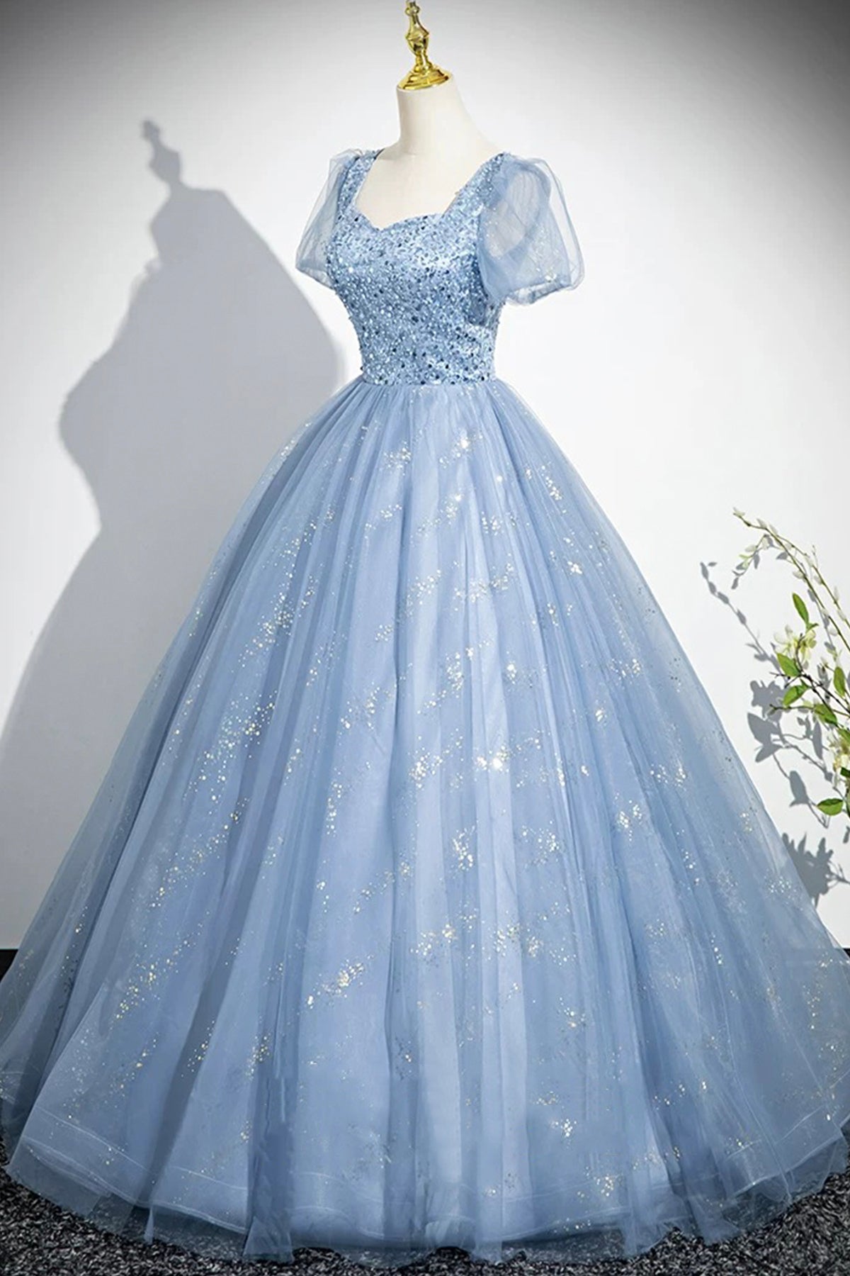 Light Blue Tulle Sequins Long Prom Dress, Blue Short Sleeve Evening Dress