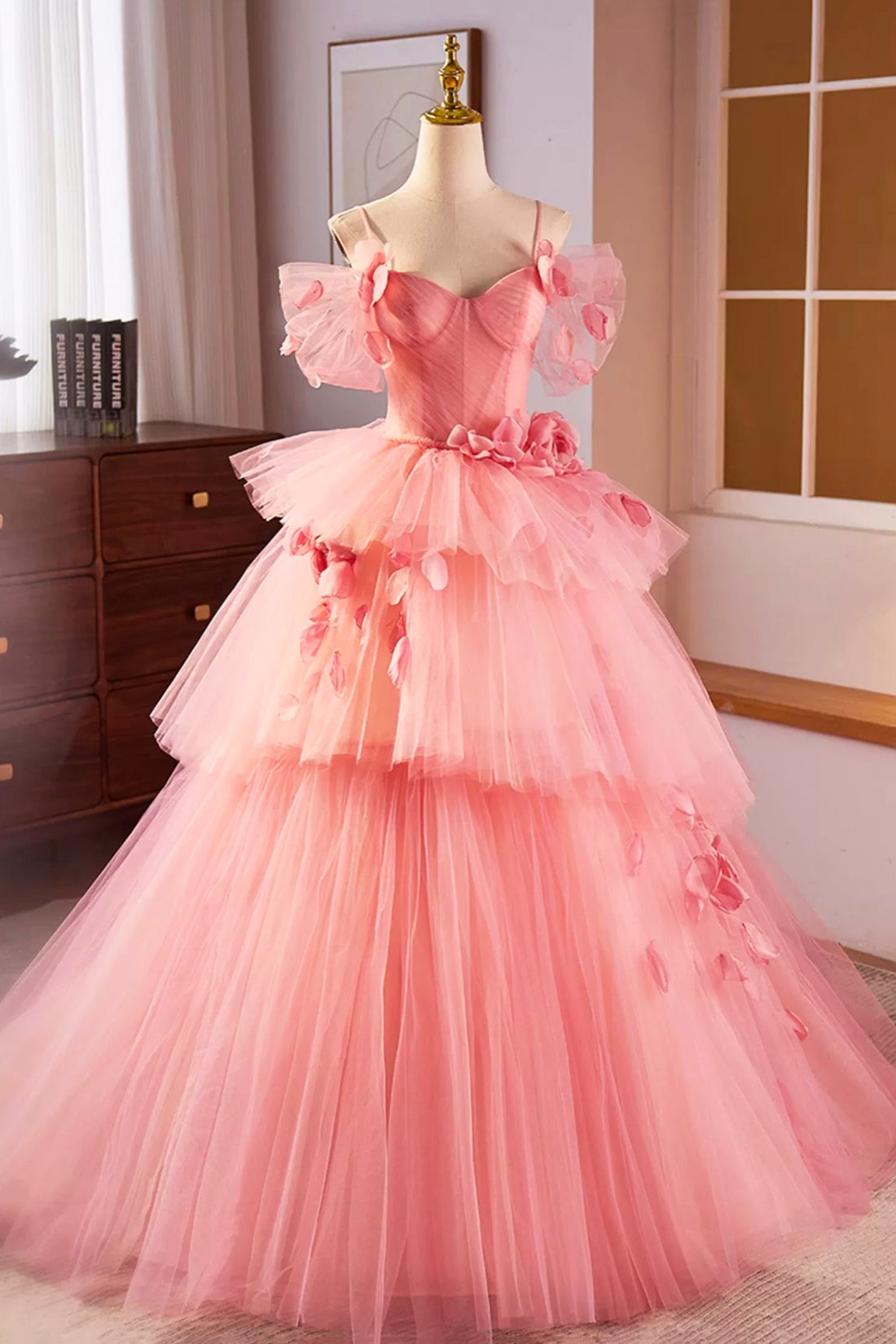Pink Spaghetti Strap Tulle Long Prom Dress, Beautiful A-Line Formal Sw