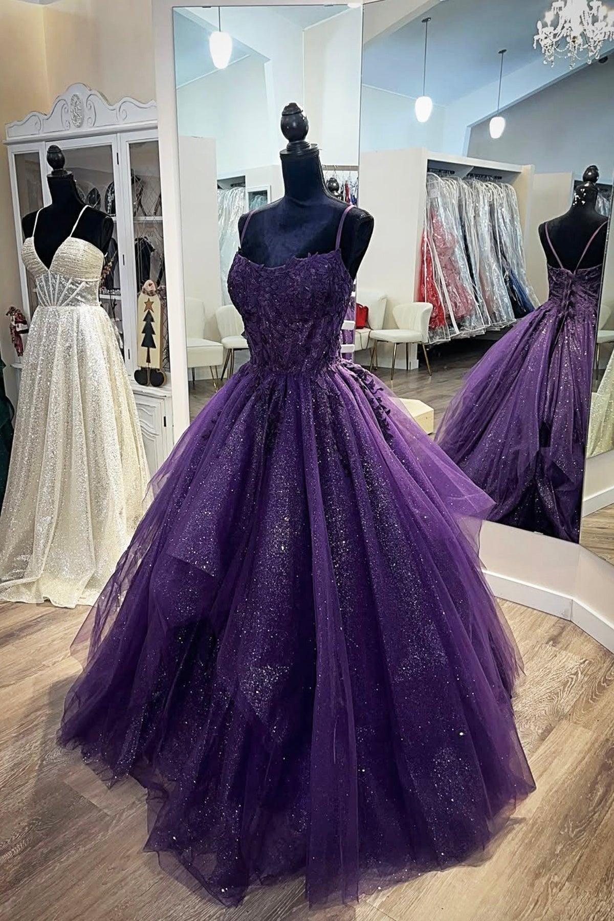 Purple Tulle Lace Long Prom Dress, A-Line Spaghetti Strap Evening Party Dress