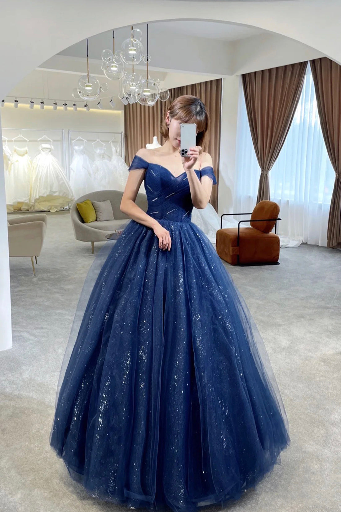 Blue Tulle Long Prom Dress, Off the Shoulder Evening Party Dress