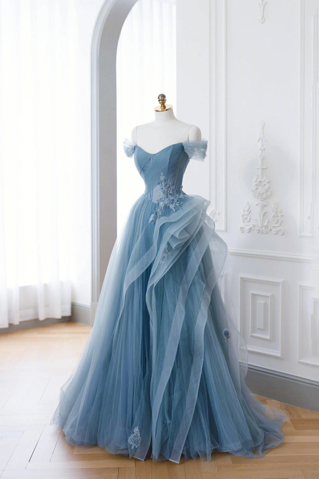 Dusty Blue Tulle Floor Length Prom Dresses, Blue Off the Shoulder Remo Dusty Blue Tulle Floor Length Prom Dresses, Blue Off the Shoulder Remo