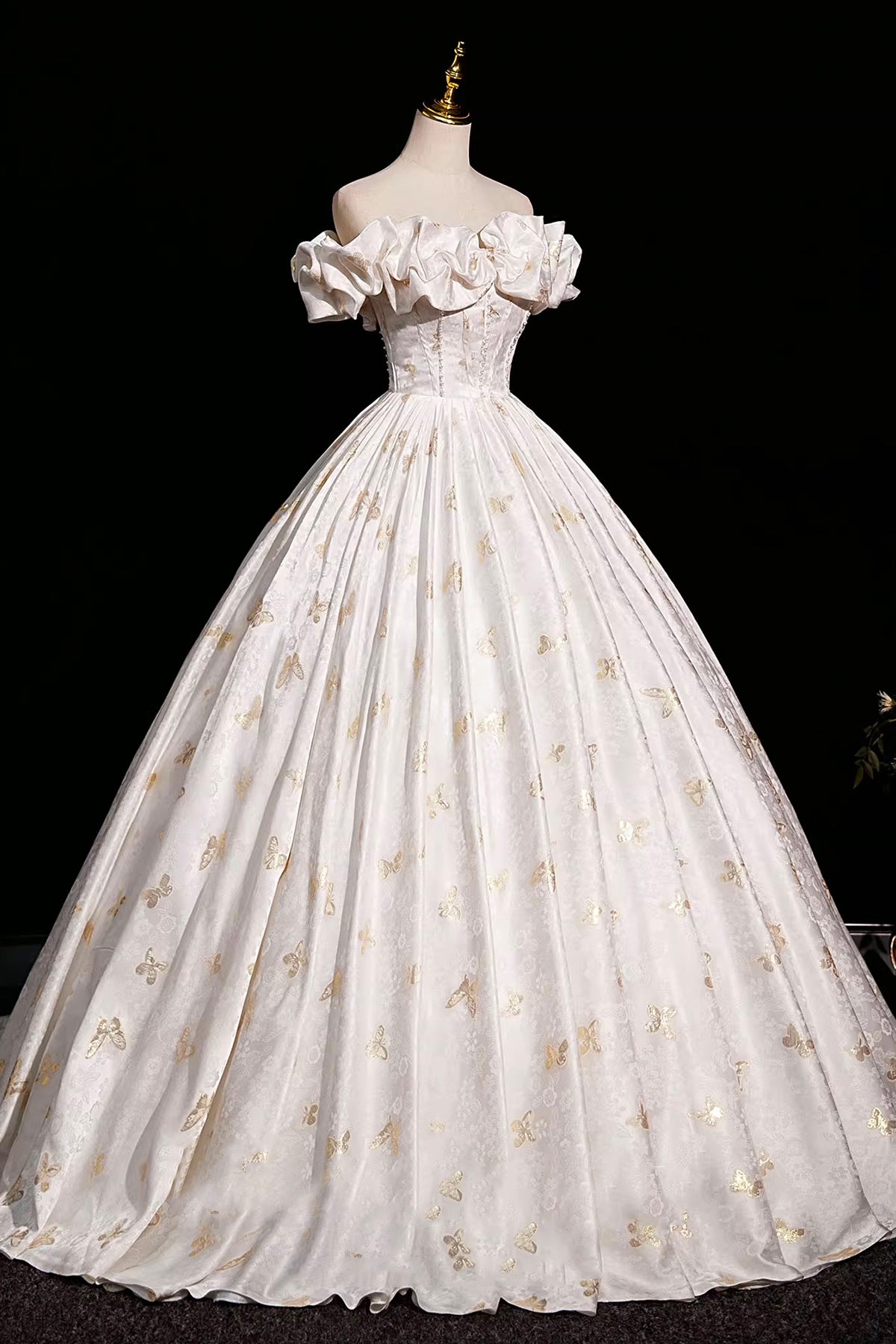 Lovely Butterfly Print Satin Long Ball Gown, A-Line Off the Shoulder Party Dress