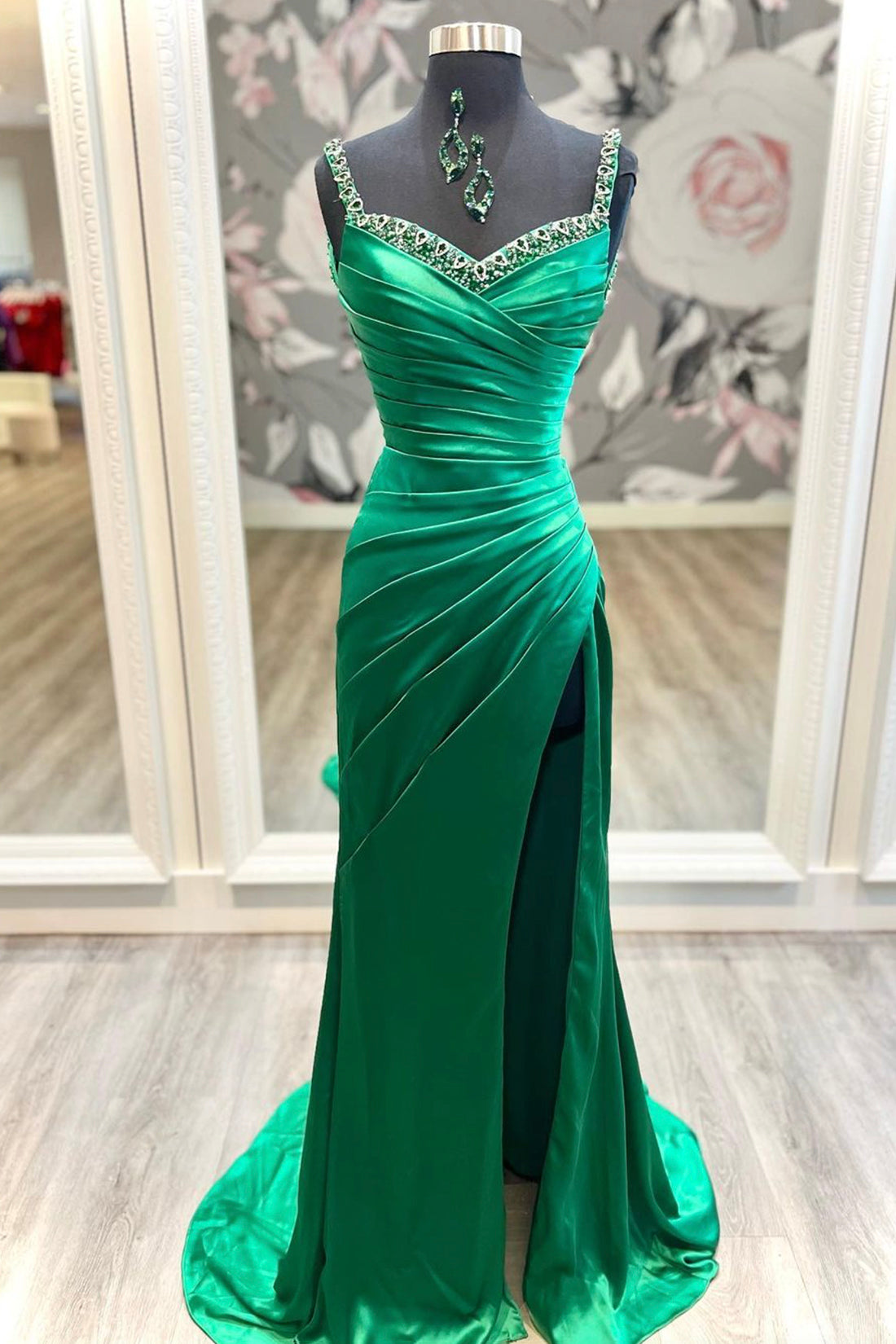 Mermaid Satin Long Prom Dress, Green Satin Evening Dress with Beaded