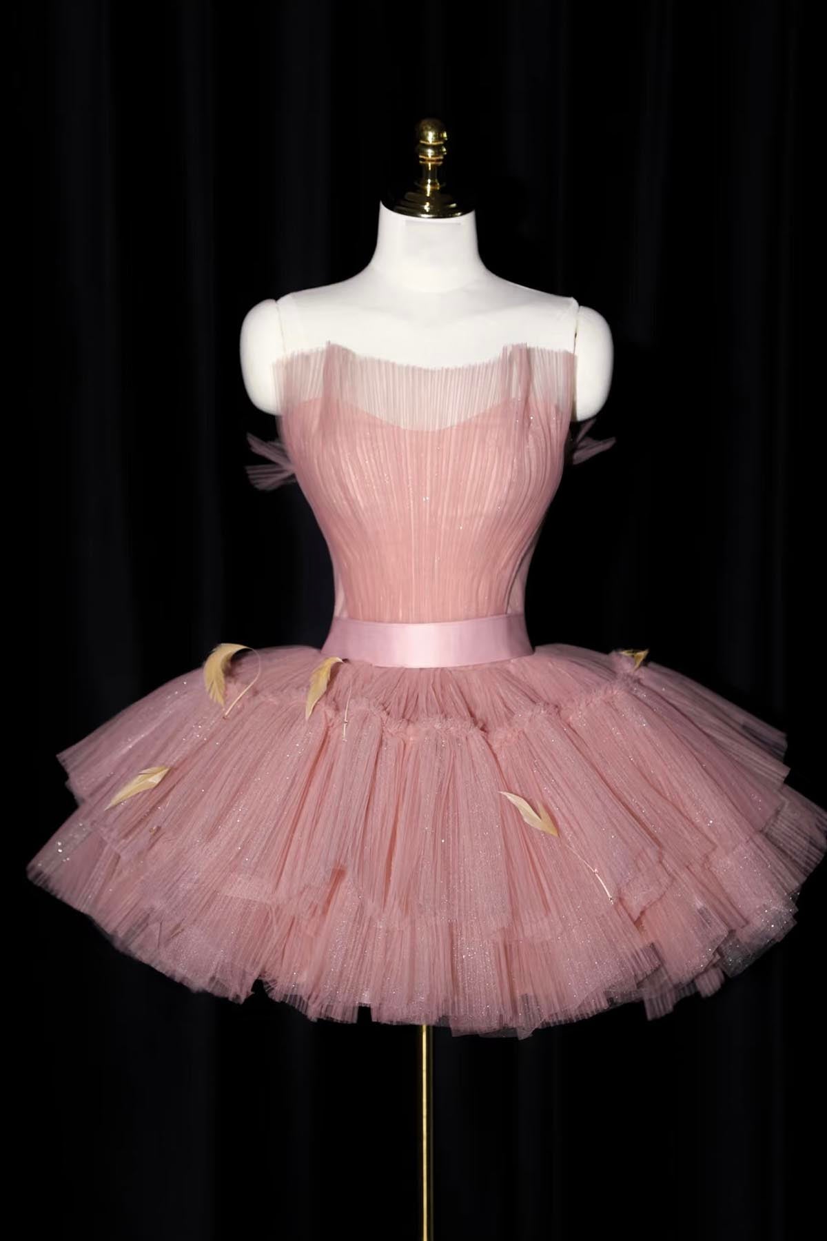Charming Pink Tulle Short/Mini Party Dress, A-Line Strapless Backless Prom Dress