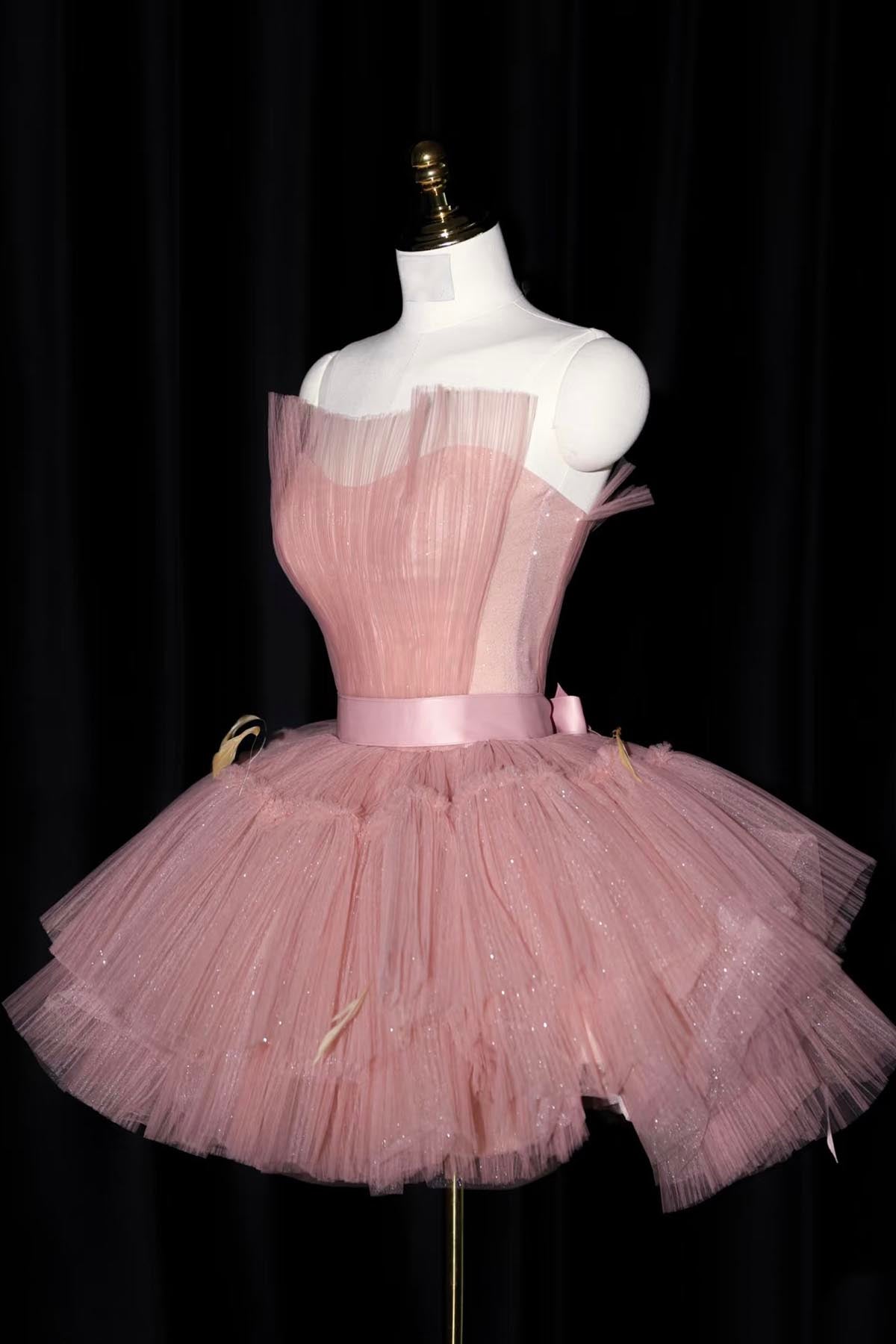 Charming Pink Tulle Short/Mini Party Dress, A-Line Strapless Backless Prom Dress