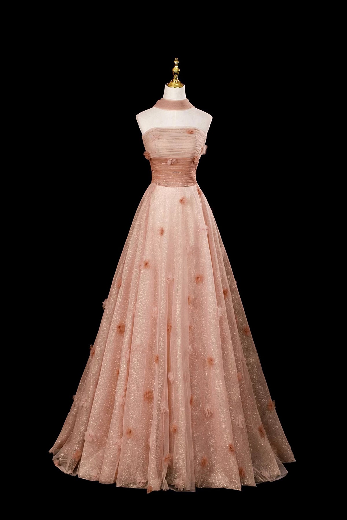 Glitter Tulle Long A-Line Evening Dress 3D Flower Prom Ball Gown