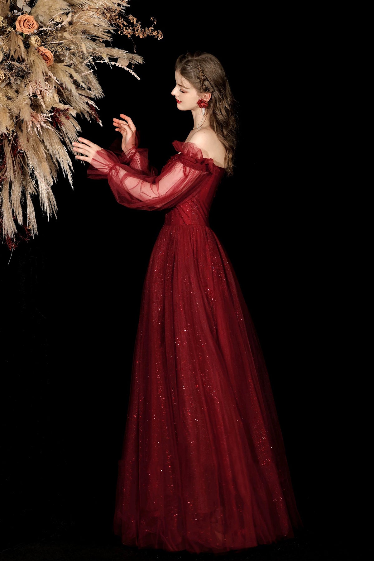 Burgundy Glitter Tulle Prom Dress Off the Shoulder Puff Sleeve Floor Length Ball Gown