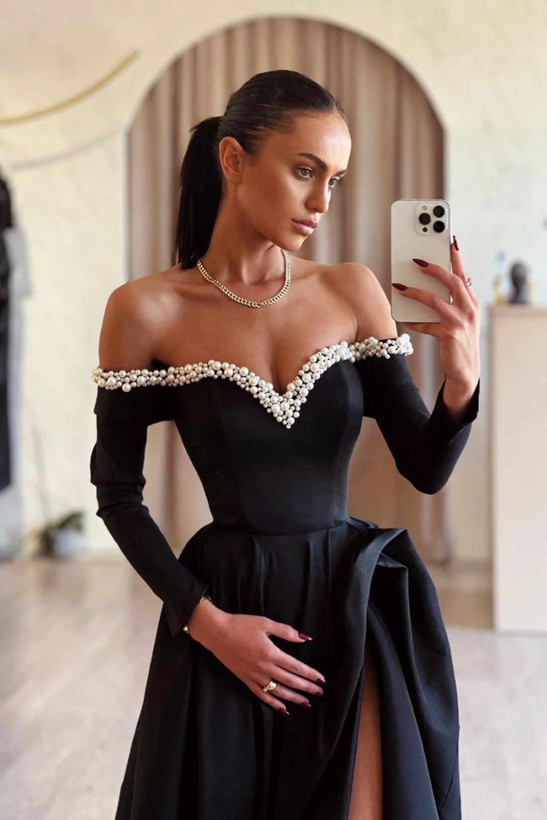 Black Off the Shoulder Pearls Long Sleeve Prom Dress, Elegant Evening Party Dress with Slit