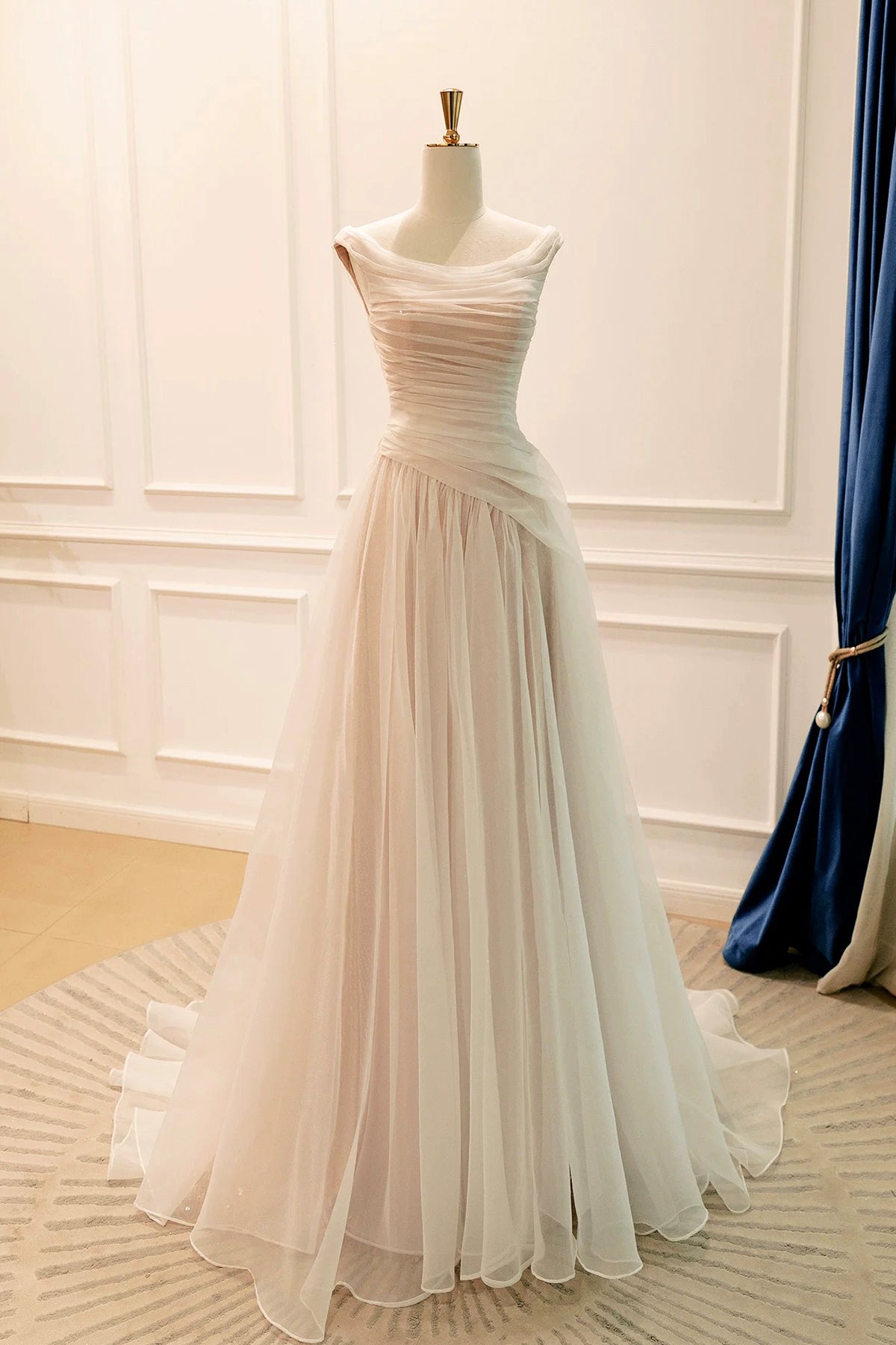 Draped Off Shoulder Tulle Prom Dress Champagne Floor-Length Party Gown with Train