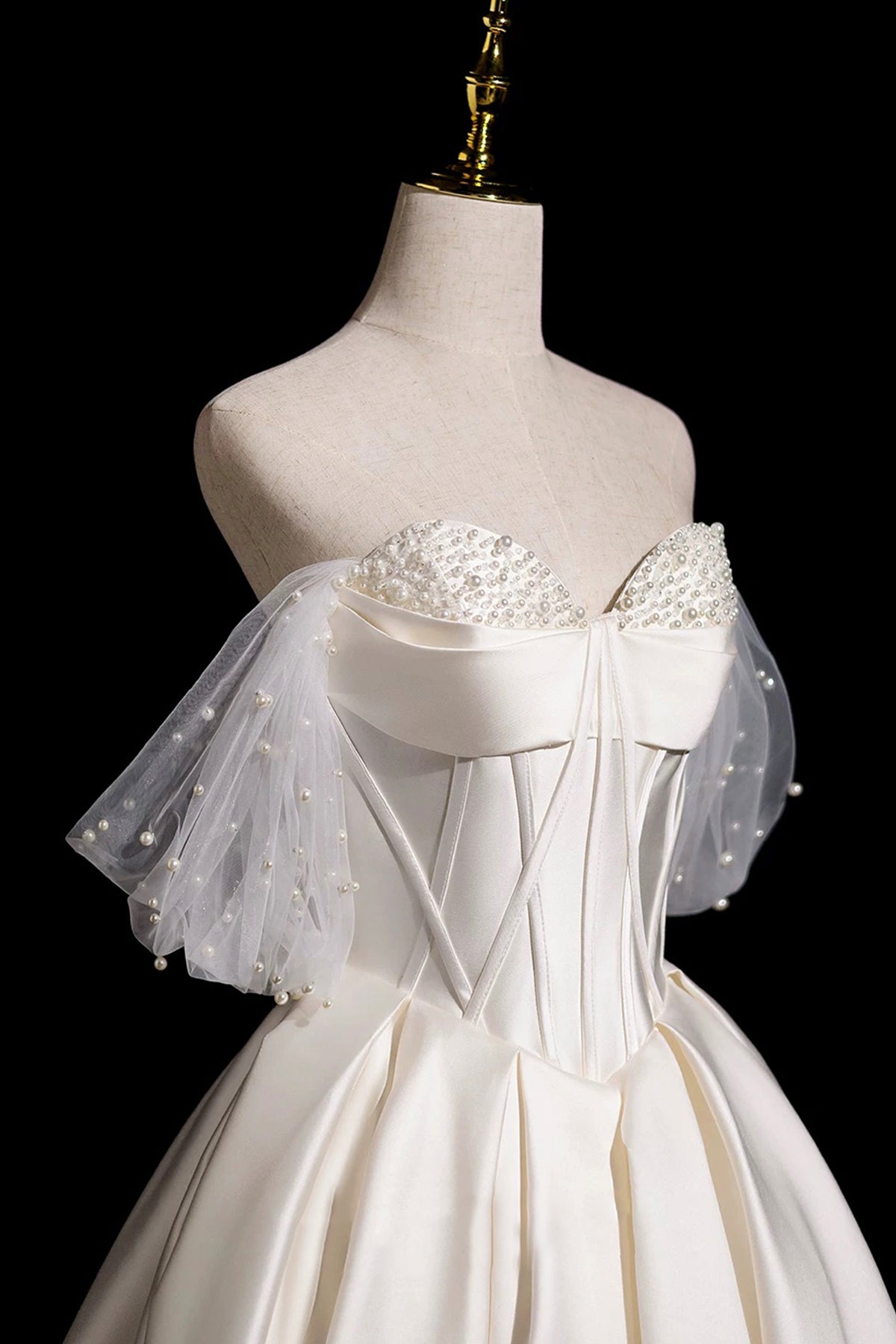 Off Shoulder Ivory Satin Wedding Dress Beaded Corset Ball Gown with Tulle Puff Sleeves