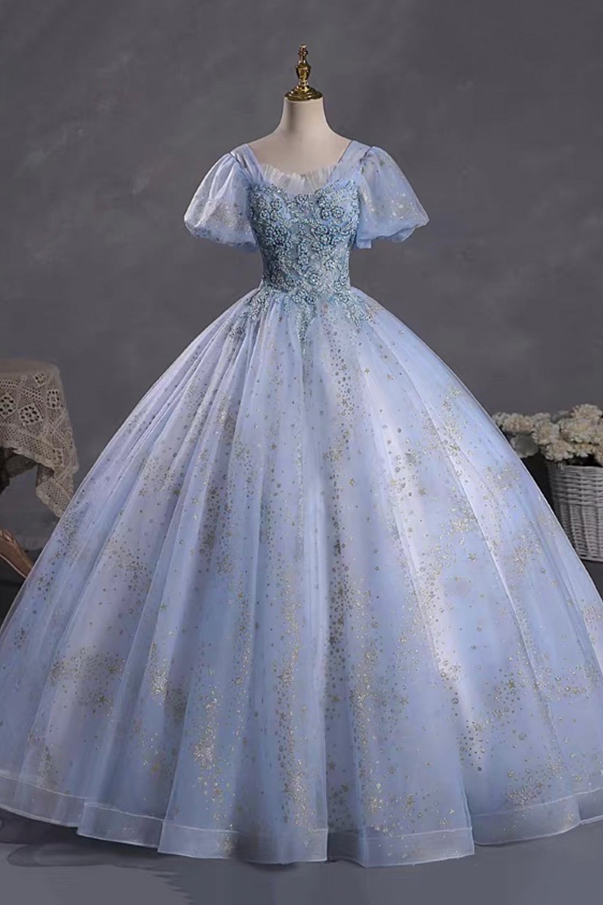 Light Blue Puff Sleeve Ball Gown Prom Dress with Sequin Starry Tulle Skirt