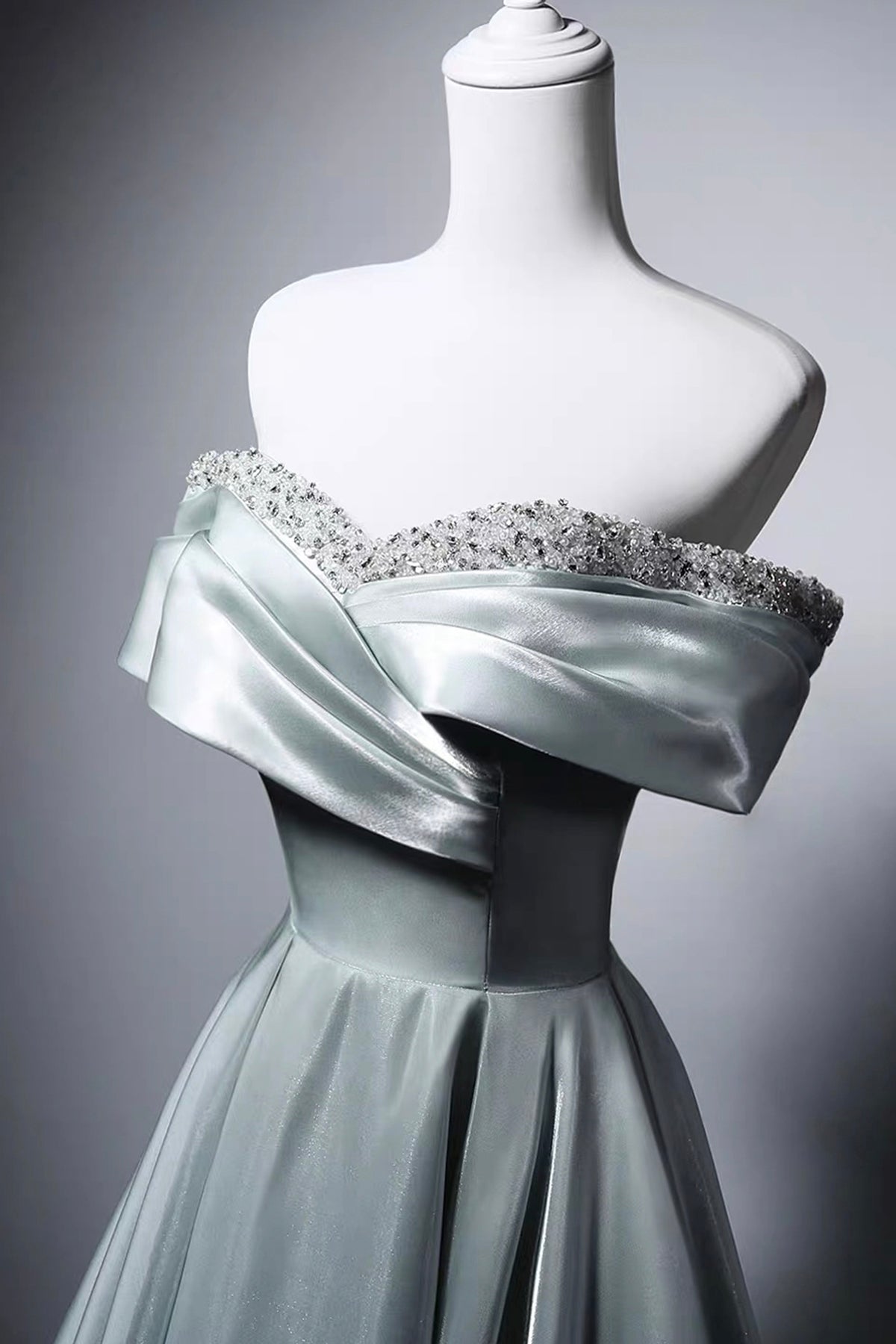 Sage Green Satin Ball Gown with Beaded Off-Shoulder Bodice