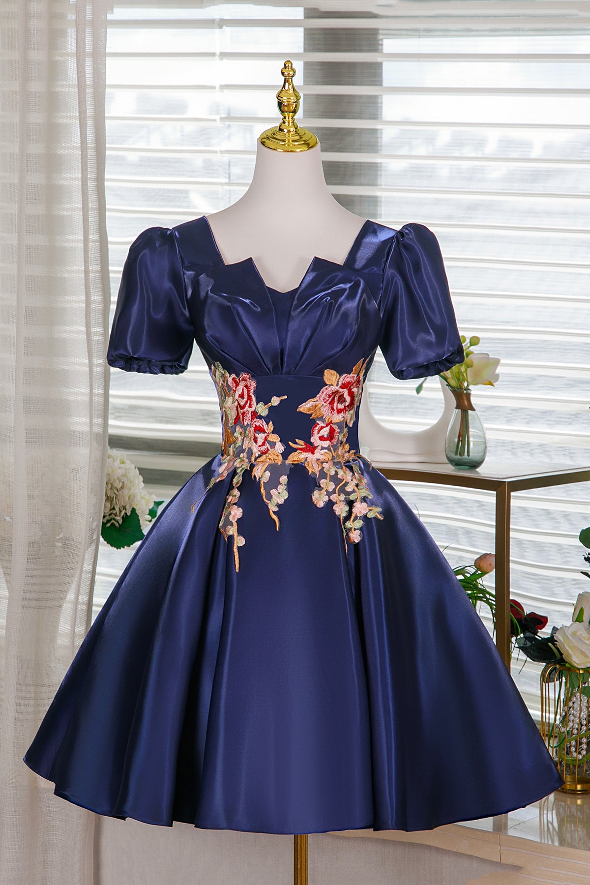 Navy Satin Lace Short Prom Dress, A-Line Short Sleeve Party Dress