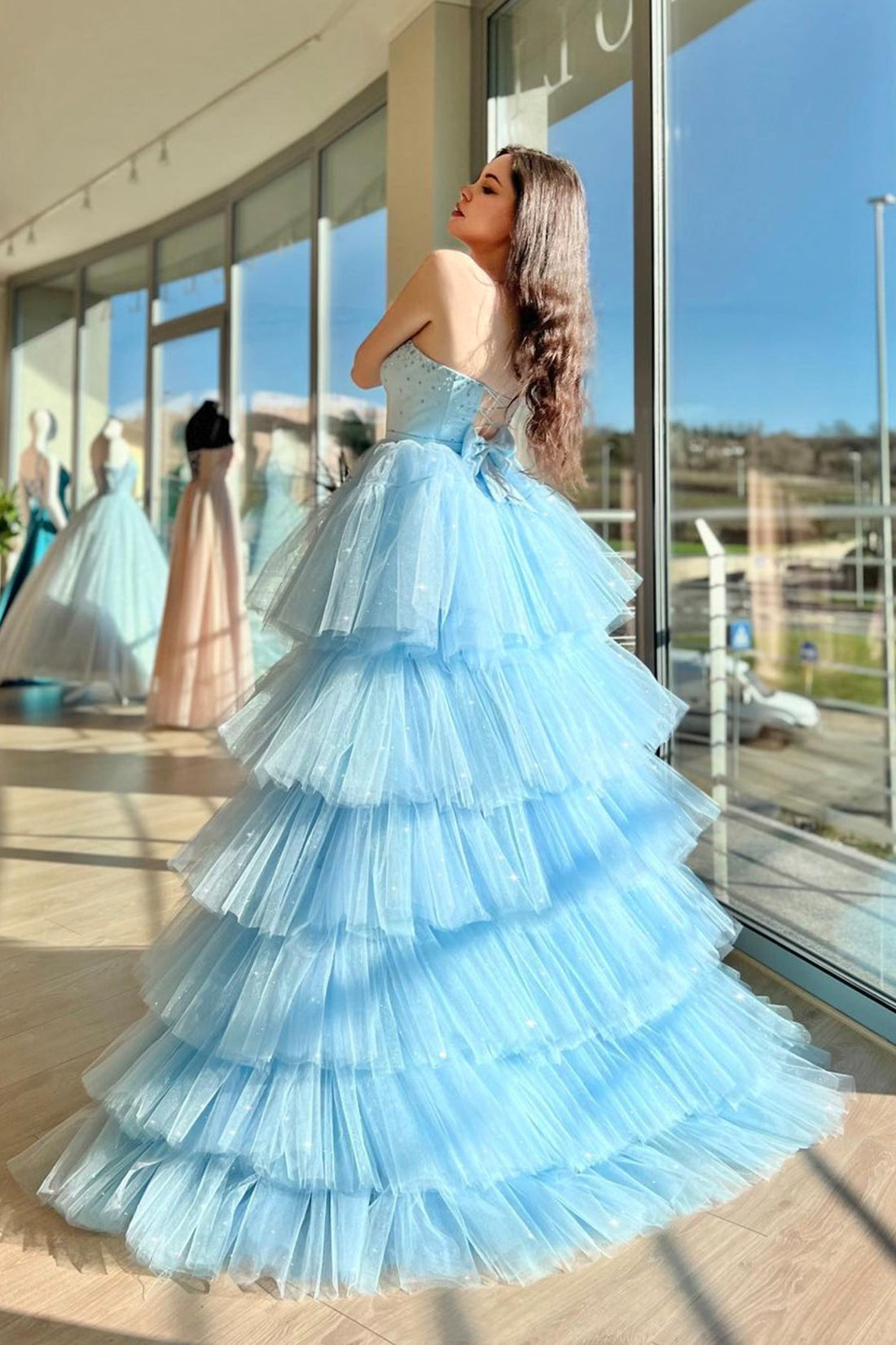 Blue Sweetheart Neck Tulle Long Prom Dress, Beautiful A-Line High Low Party Dress