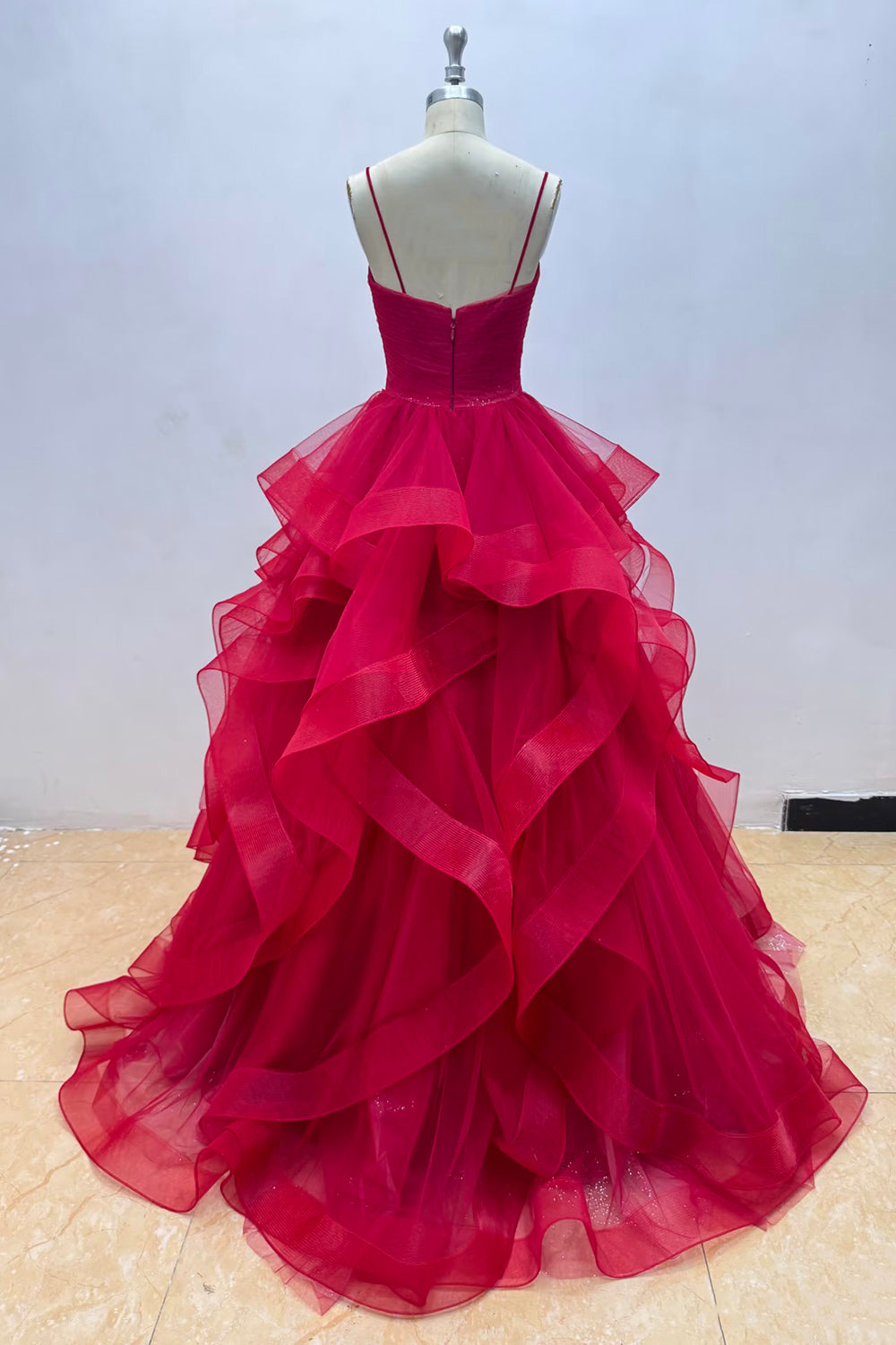Deep Red Sparkle Tulle Ball Gown with Cascading Ruffles & Sweetheart Neckline