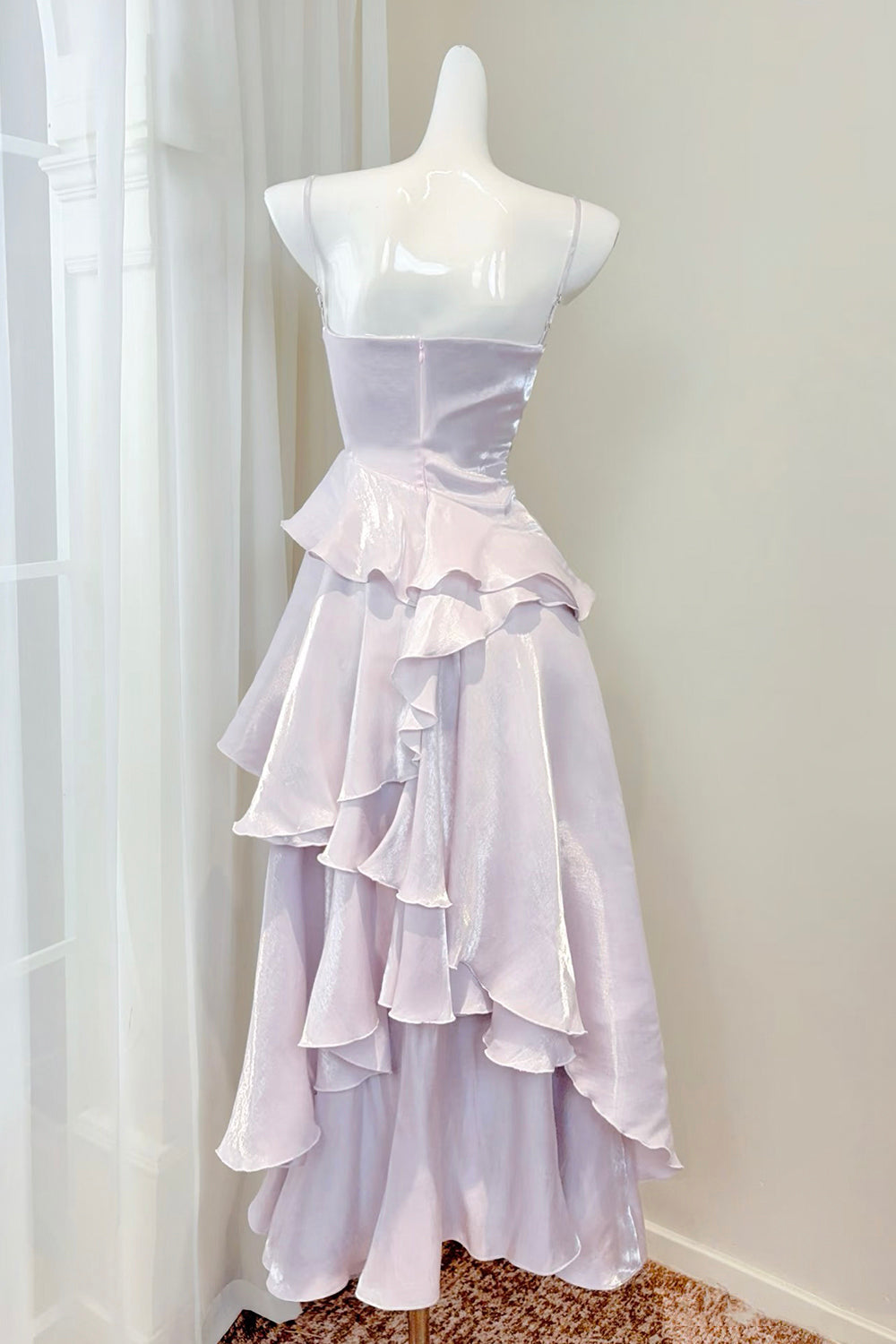 Lilac Iridescent Spaghetti Strap Gown with Cascading Ruffles & Asymmetrical Skirt – Romantic Style