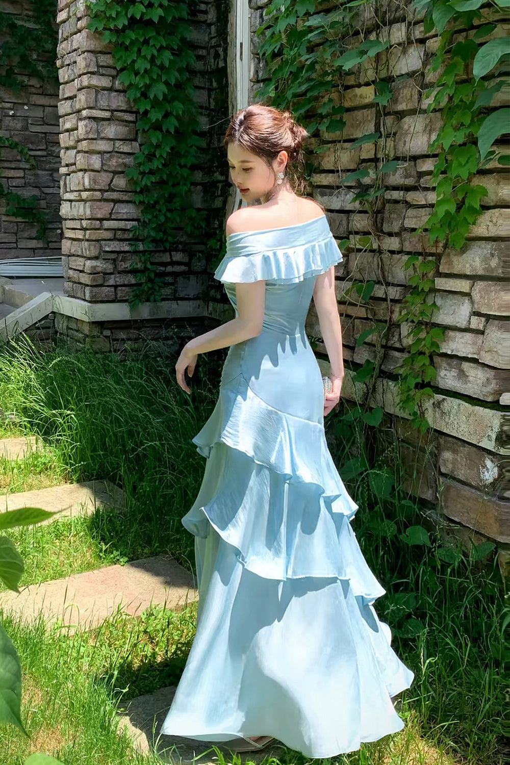 Light Blue Off-Shoulder Ruffled Mermaid Gown with Layered Skirt