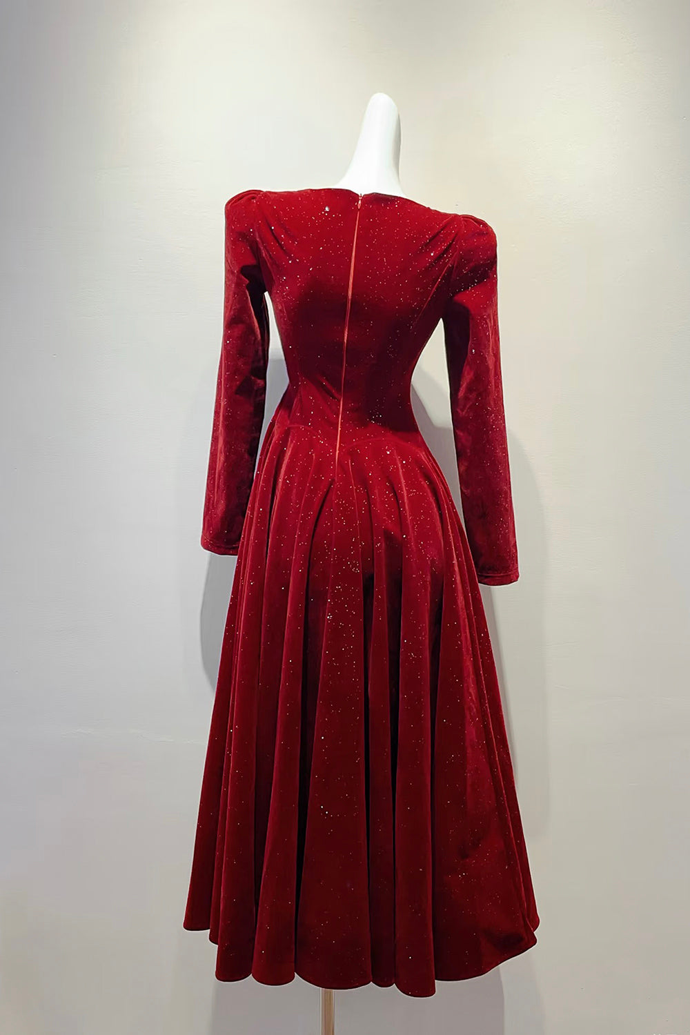Burgundy Glitter Velvet Square Neck Midi Dress with Puffed Shoulders