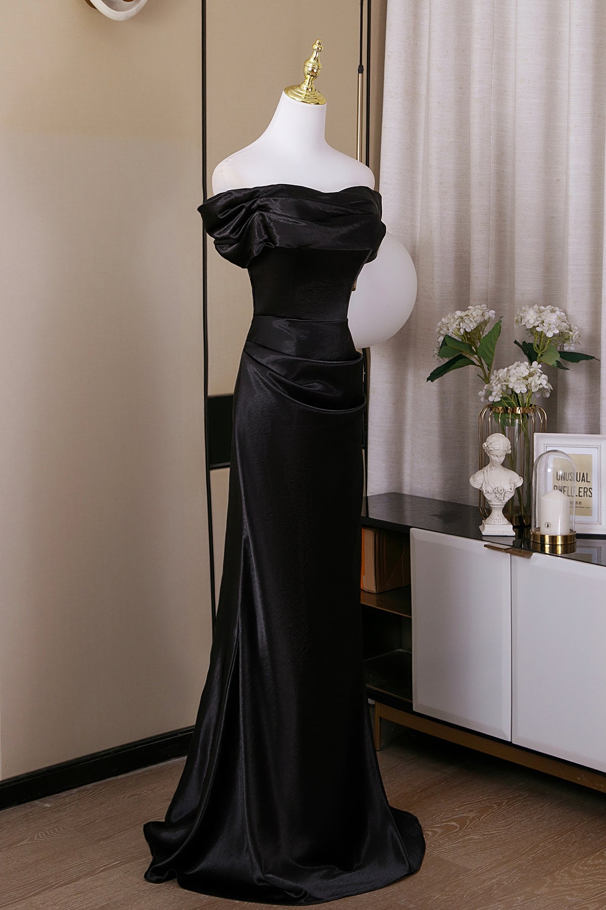 Elegant Black Off-Shoulder Satin Mermaid Evening Formal Dress