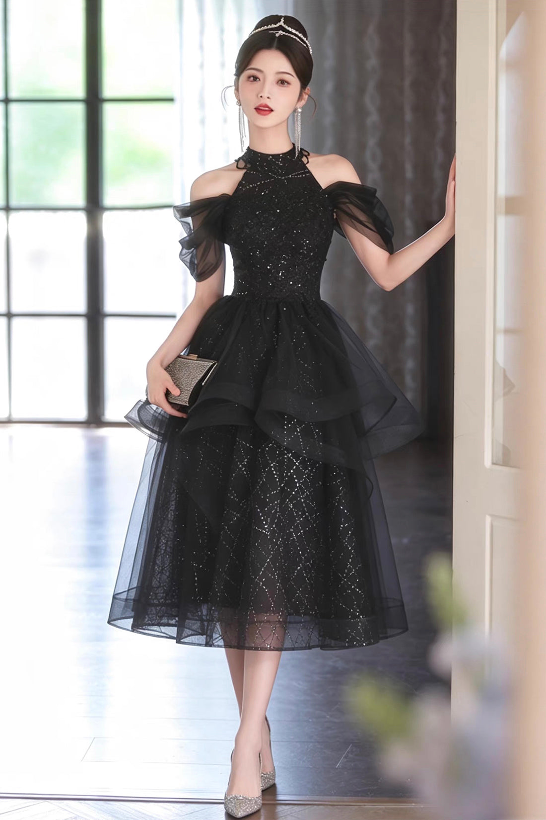 Black Sequin Halter Party Dress with Tulle Ruffles