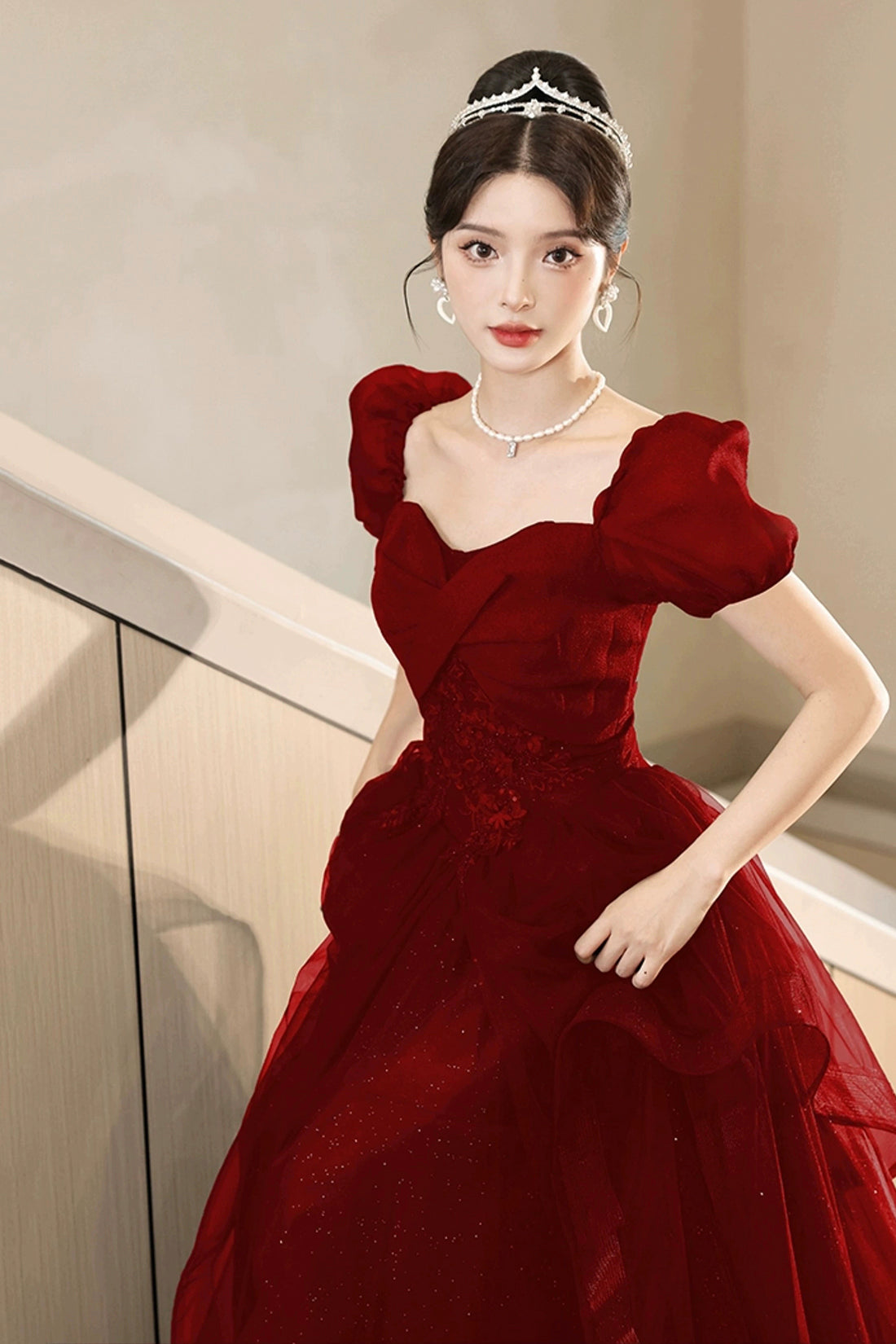 A-Line Tulle Lace Short Sleeve Prom Dress, Lovely Floor Length Evening Party Dress