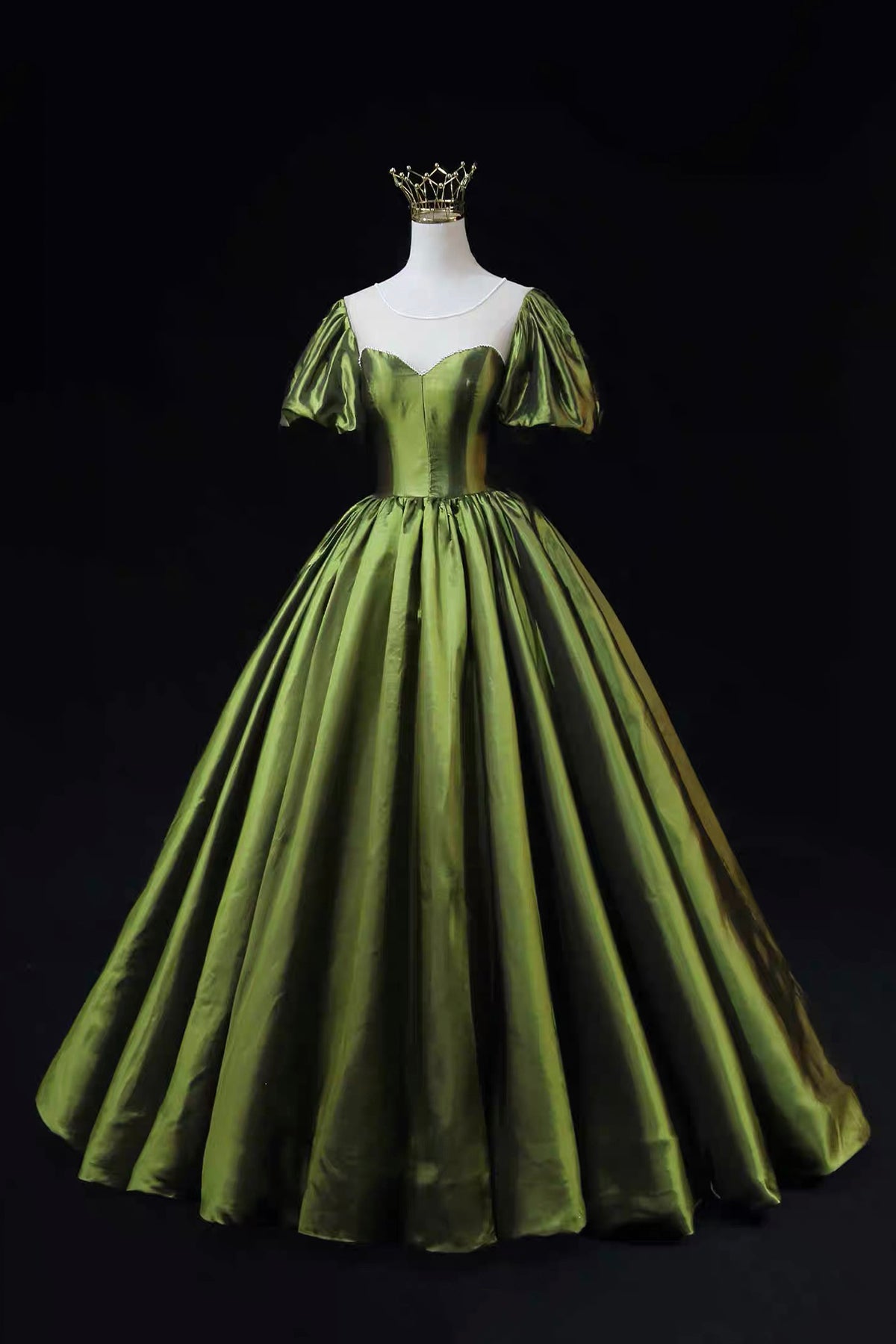 Olive Green Satin Ball Gown with Puff Sleeves, Princess Prom Dress