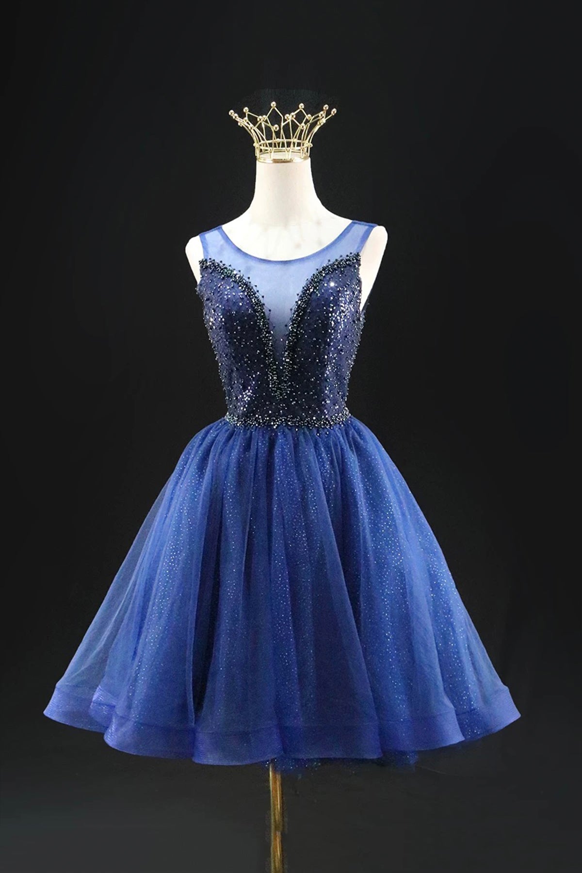 Blue Sparkly Homecoming Dress, Short Tulle Party Dress with Illusion Neckline