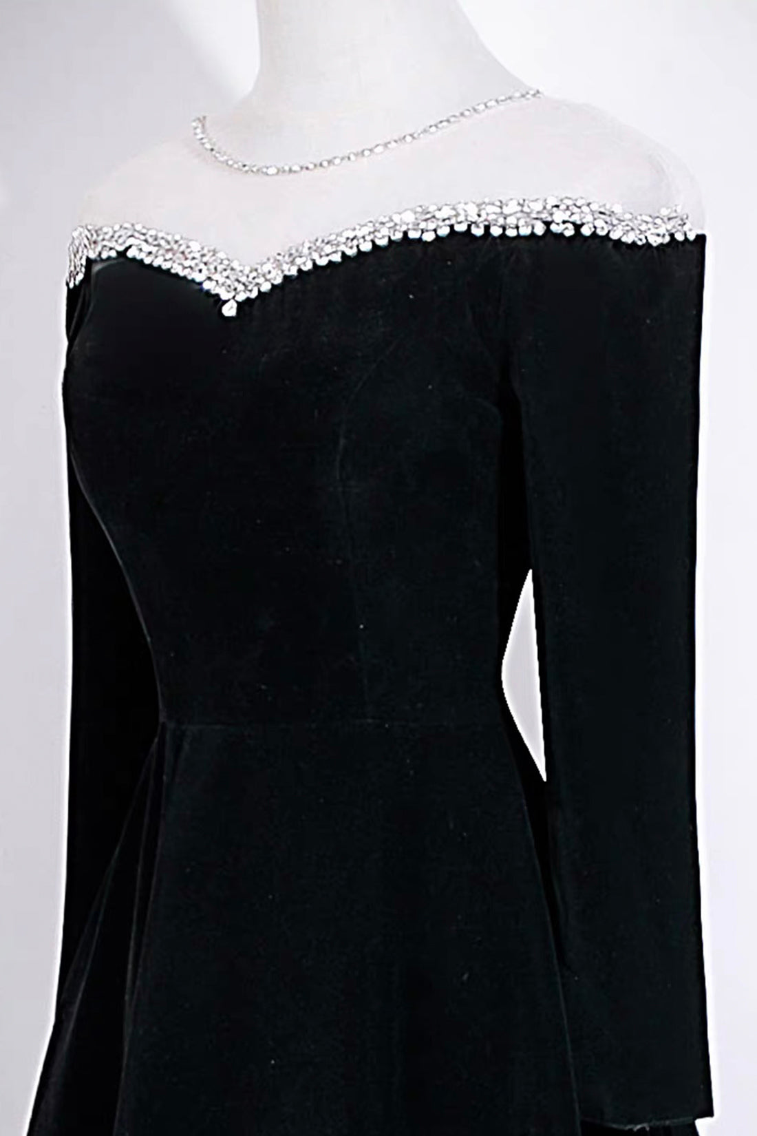 Black Velvet Off-Shoulder Long Sleeve Evening Gown with Crystal Trim
