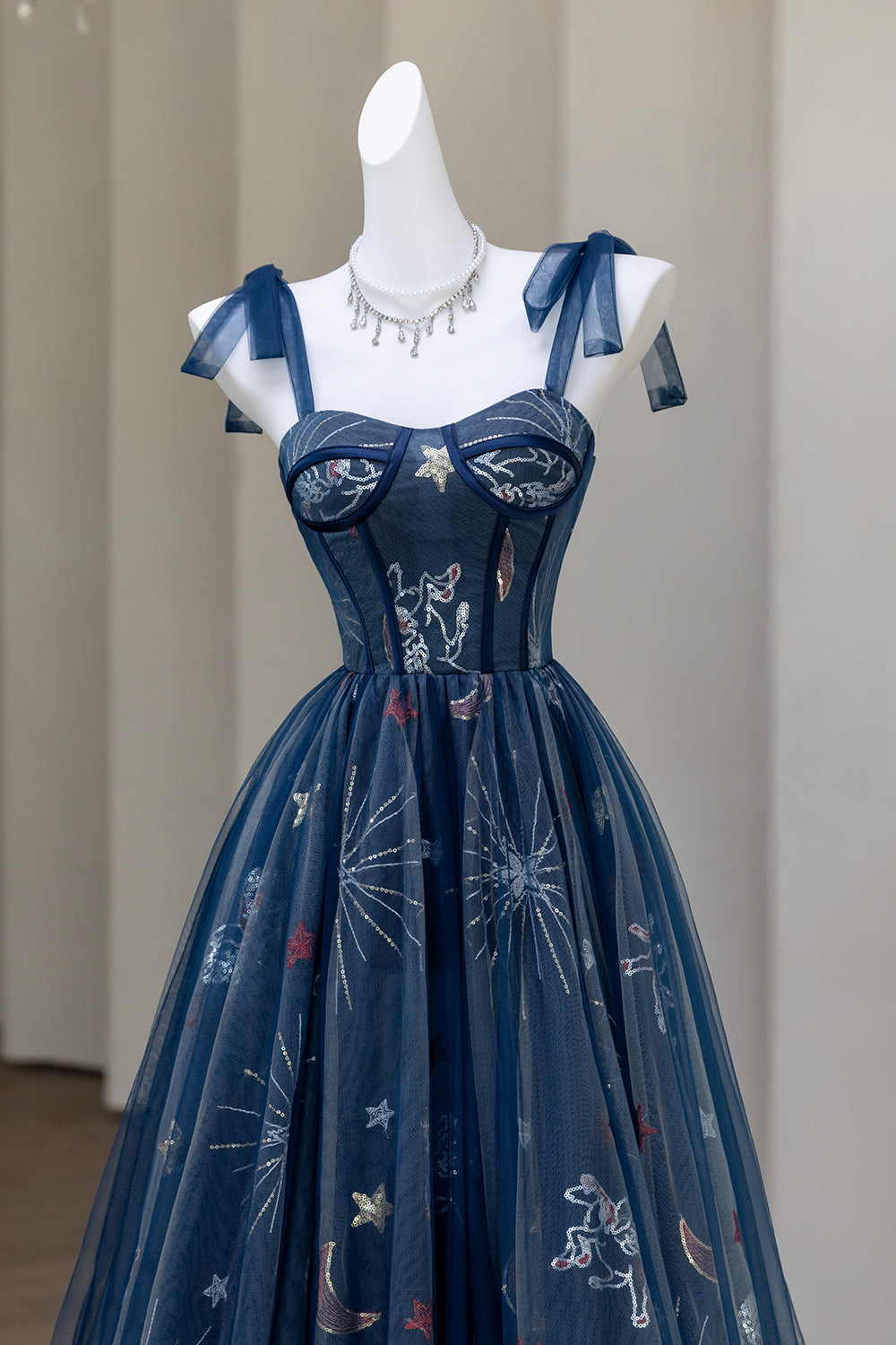 Navy Blue Celestial Embroidered Tulle Prom Dress with Corset Bodice & Bow Straps