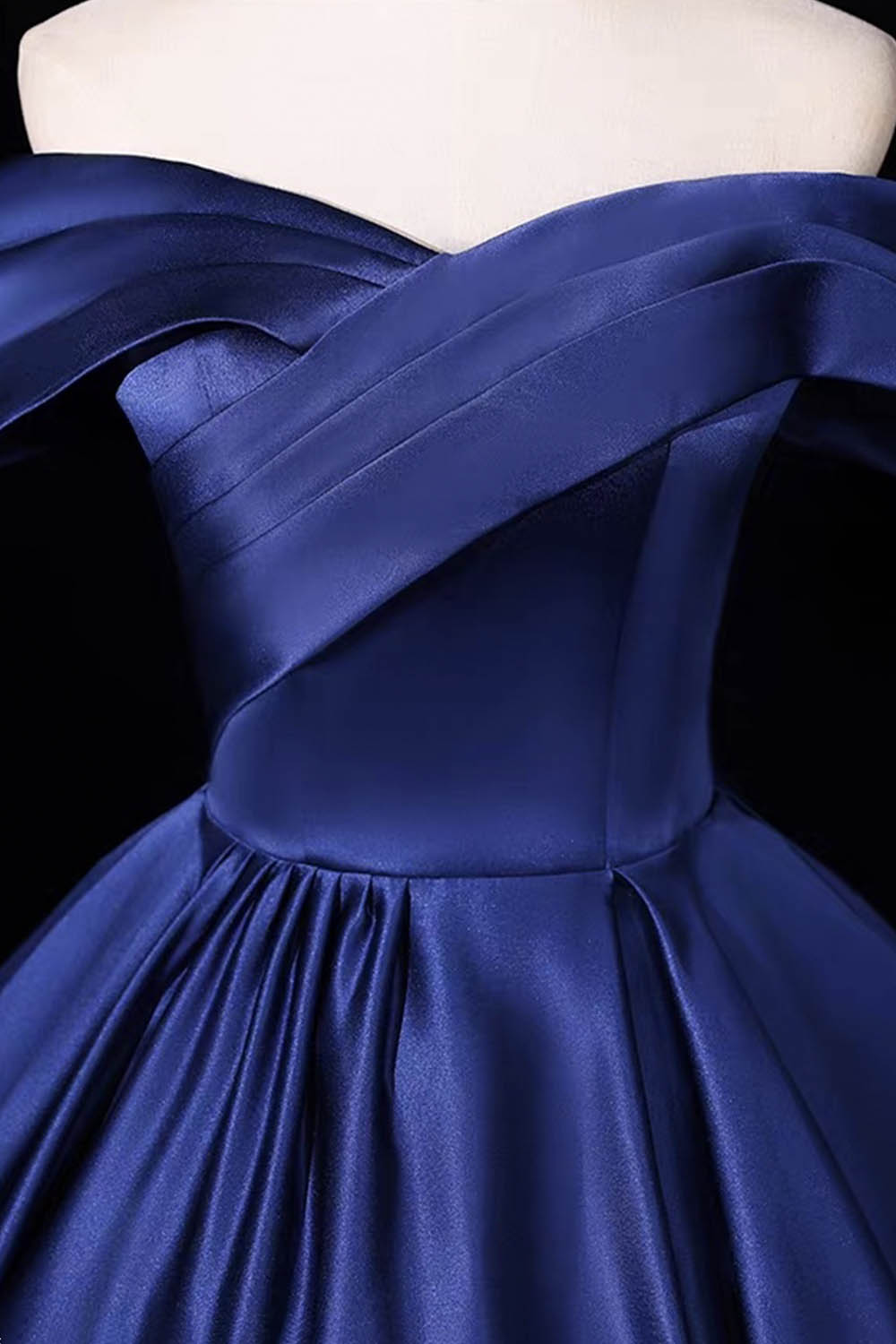 Navy Blue Satin Off-Shoulder Ball Gown – Elegant Cross-Drape Evening Dress with Corset Back, Custom Fit